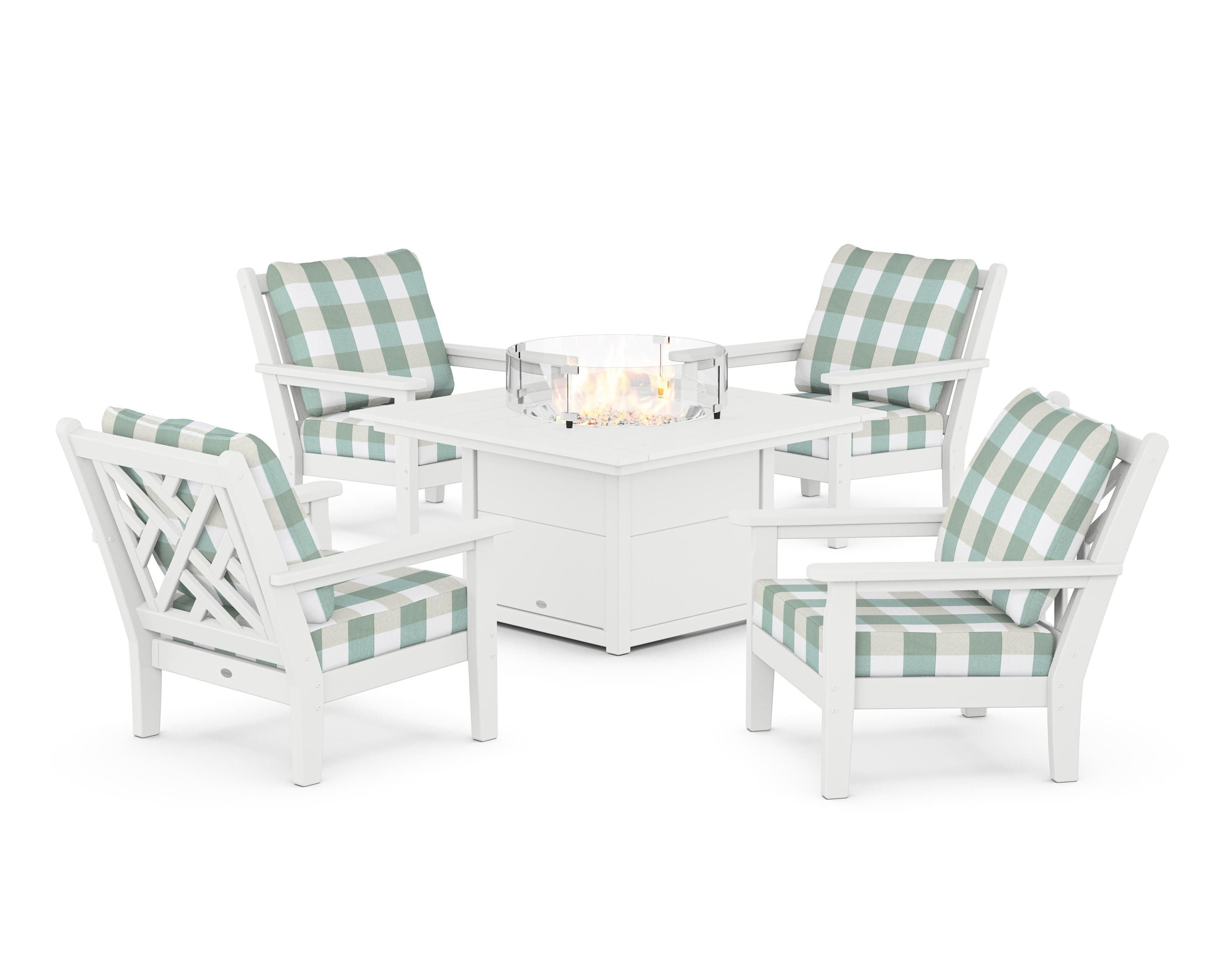 POLYWOOD® Chippendale 5-Piece Deep Seating Set with Fire Pit Table in White / Buffalo Plaid Glacier Spa
