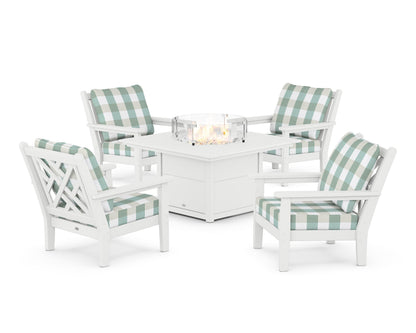 POLYWOOD® Chippendale 5-Piece Deep Seating Set with Fire Pit Table in White / Buffalo Plaid Glacier Spa