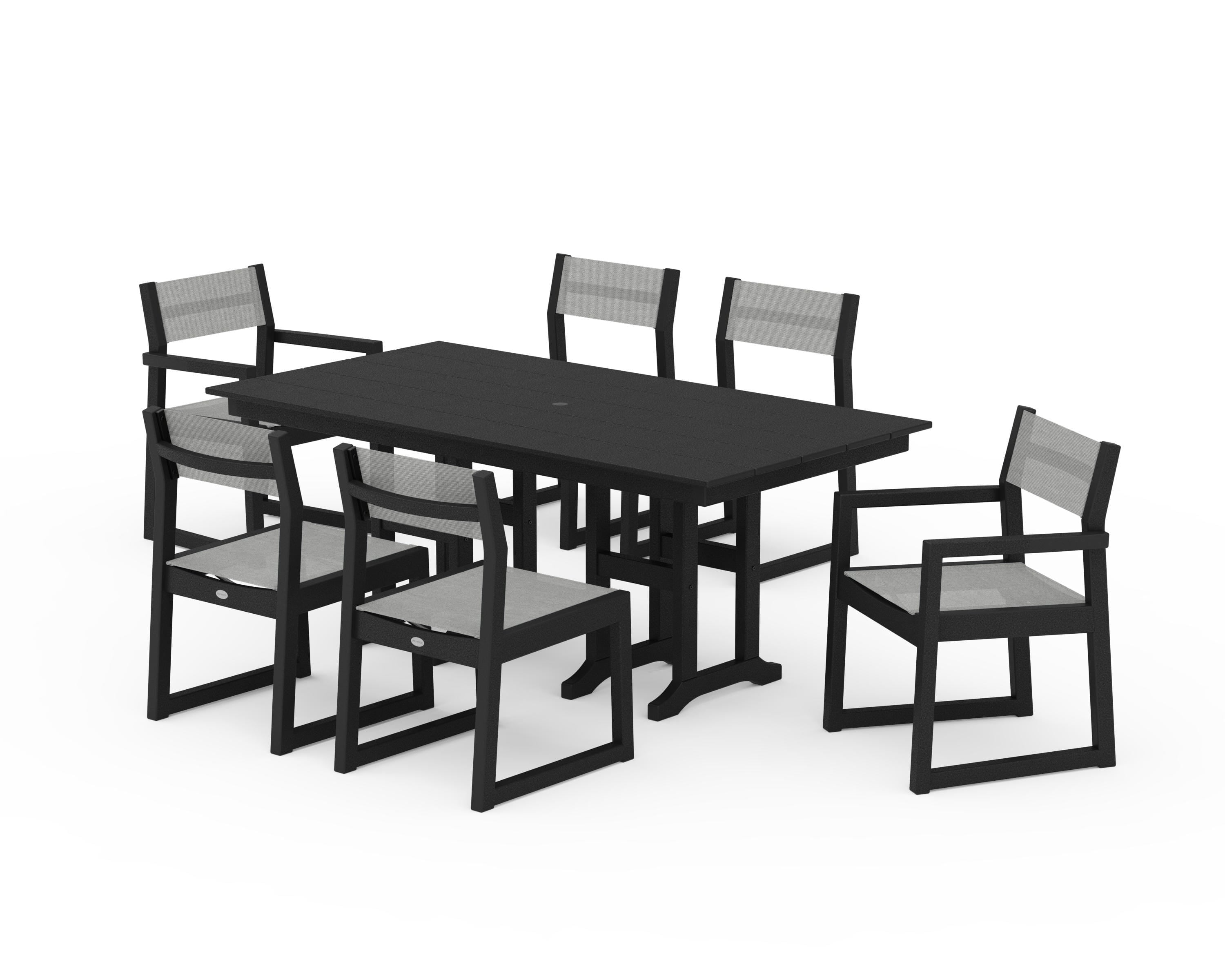 POLYWOOD® EDGE Sling 7-Piece Farmhouse Dining Set in Black / Metallic Sling