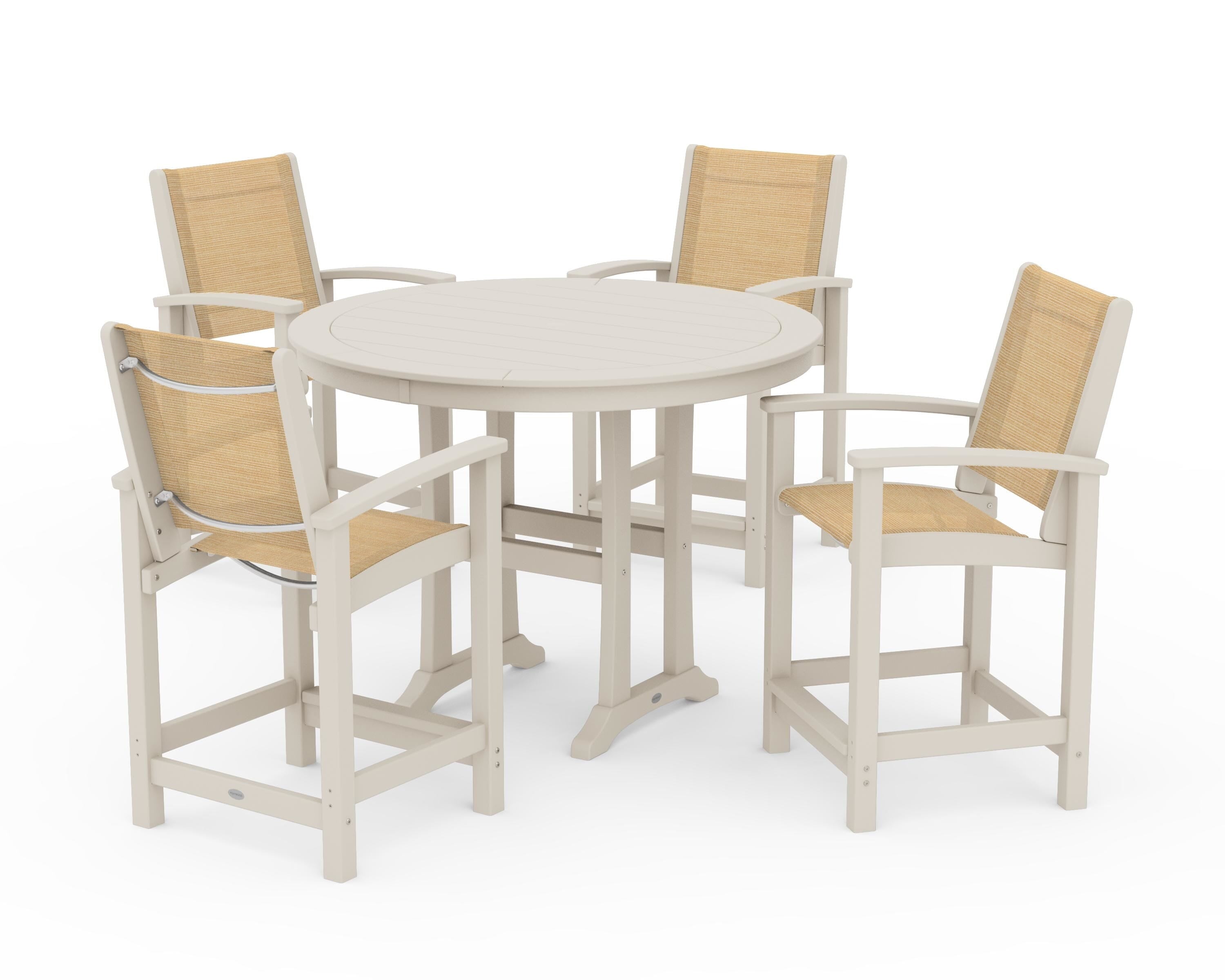 POLYWOOD® Coastal 5-Piece Counter Set in Sand / Dupioni Apricot Sling