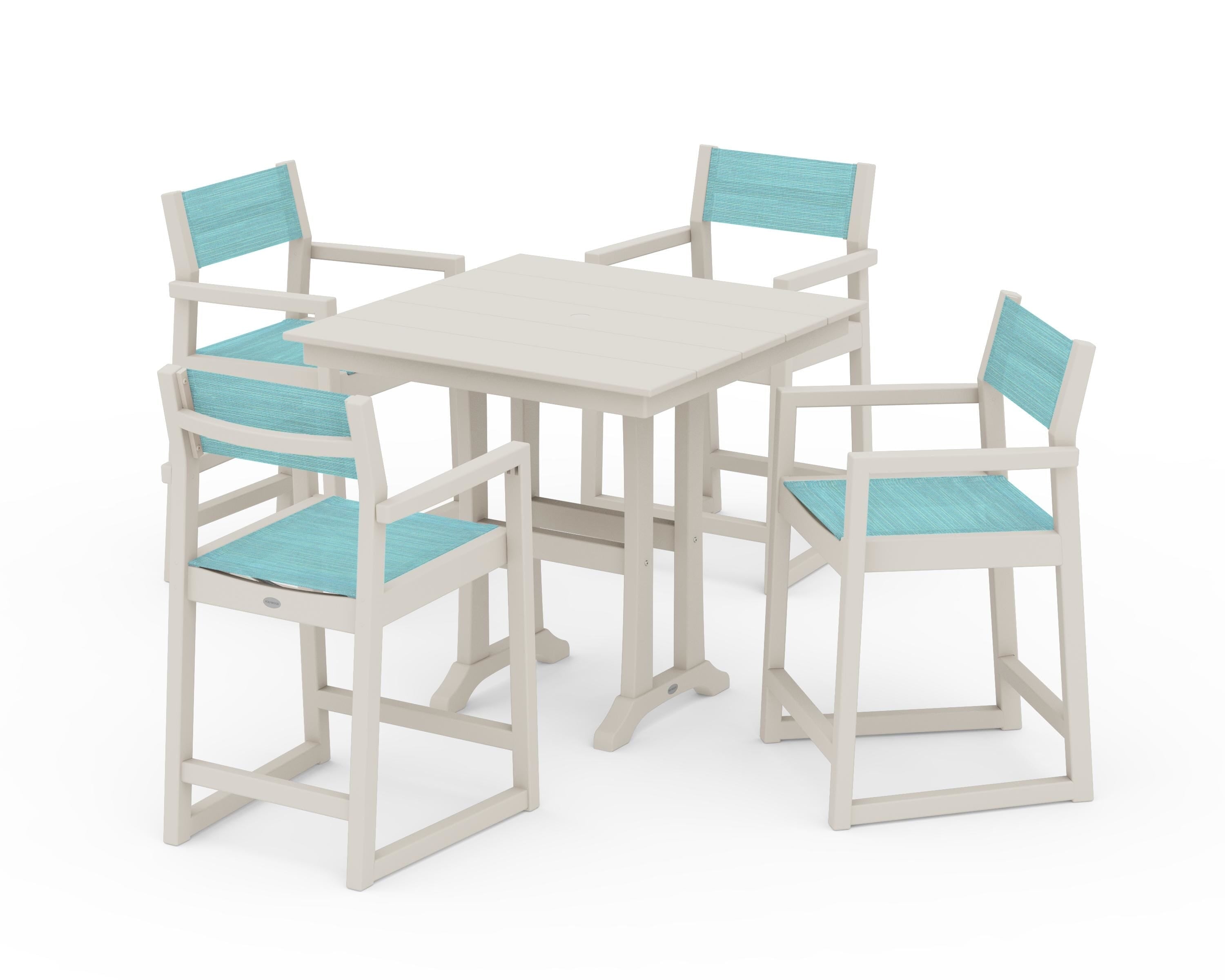 POLYWOOD® EDGE Sling Arm Chair 5-Piece Farmhouse Counter Set with Trestle Legs in Sand / Dupioni Aquamarine Sling