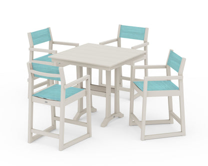 POLYWOOD® EDGE Sling Arm Chair 5-Piece Farmhouse Counter Set with Trestle Legs in Sand / Dupioni Aquamarine Sling