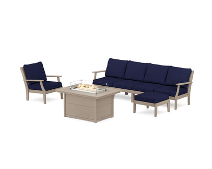 POLYWOOD® Braxton Sectional Lounge and Fire Pit Set in Vintage Sahara / Navy