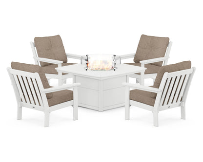 POLYWOOD® Vineyard 5-Piece Conversation Set with Fire Pit Table in White / Spiced Burlap