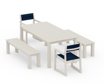 POLYWOOD® EDGE Sling Arm Chair 5-Piece Parsons Dining Set with Benches in Sand / Navy Blue Sling