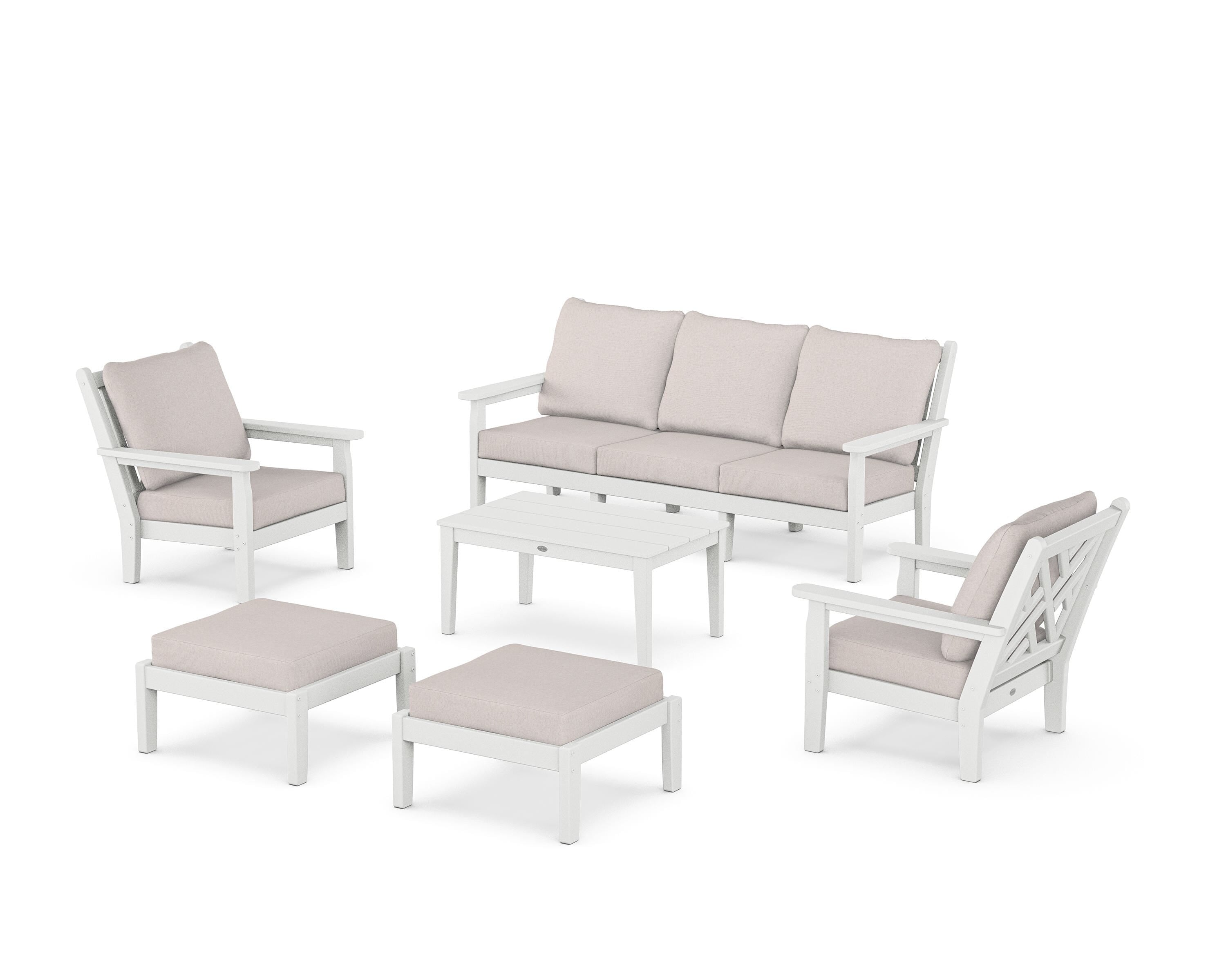 POLYWOOD® Chippendale 6-Piece Lounge Sofa Set in White / Dune Burlap