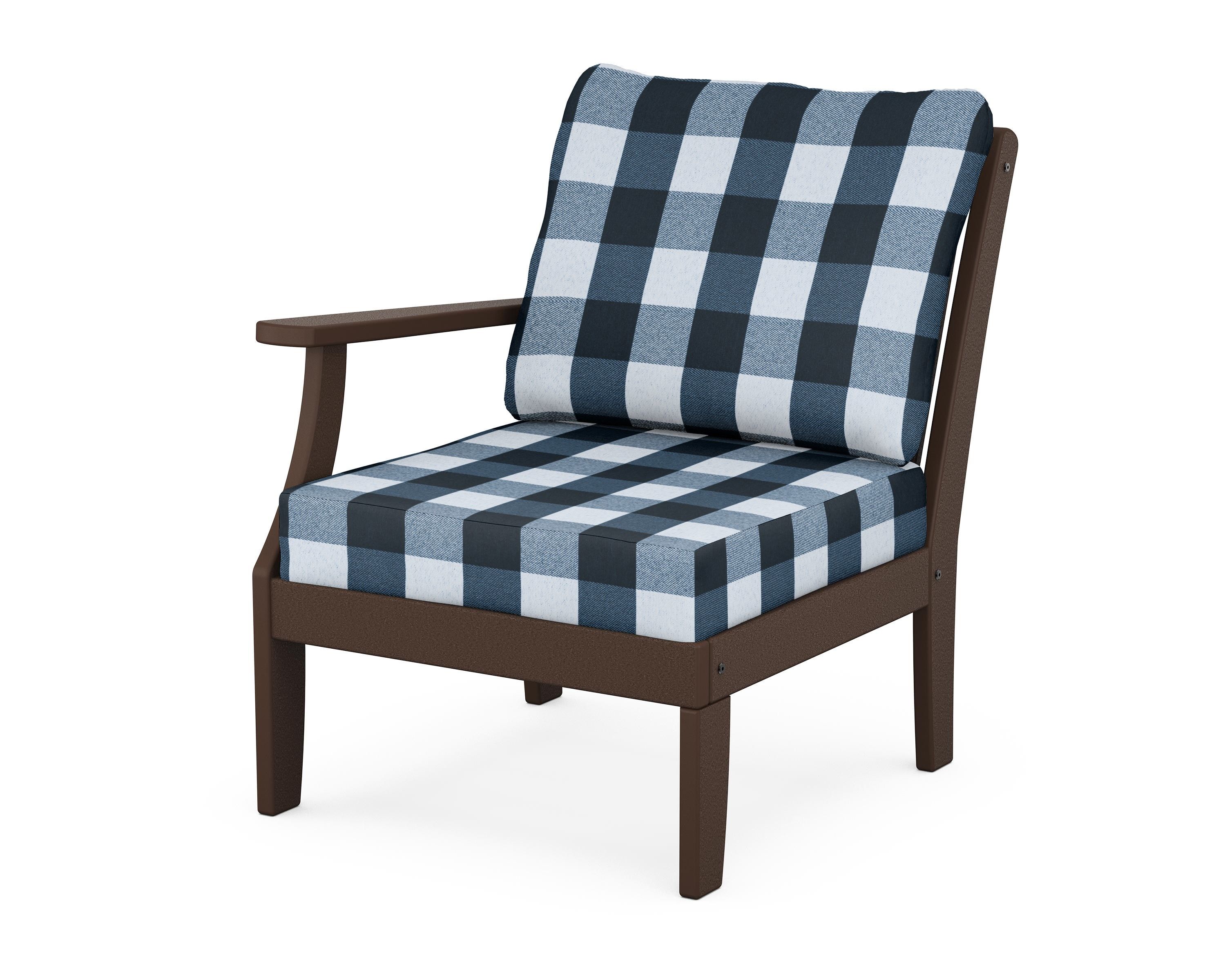 POLYWOOD® Braxton Modular Left Arm Chair in Mahogany / Buffalo Plaid Marine Indigo
