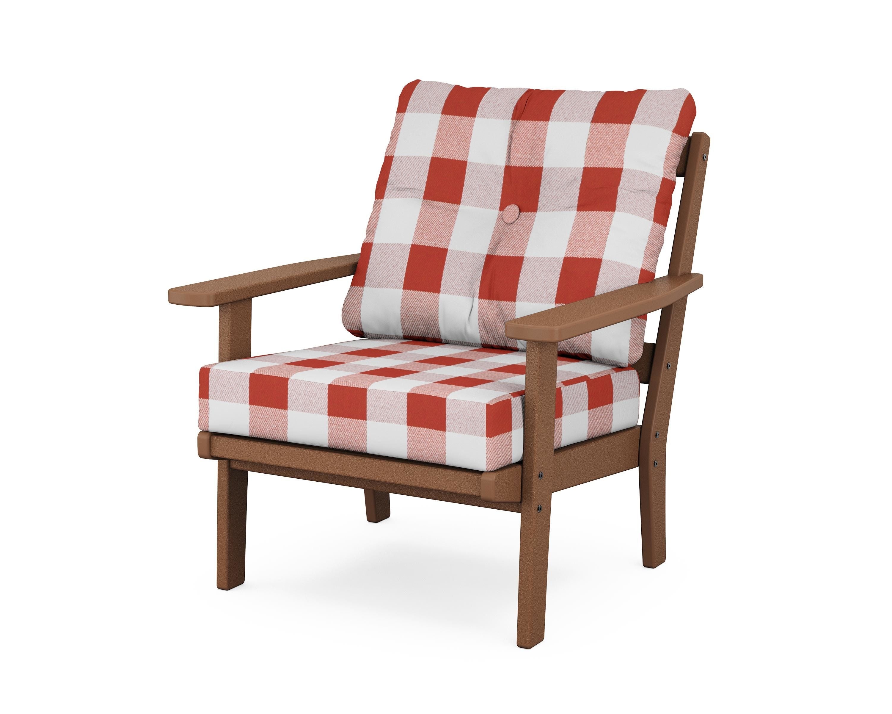 POLYWOOD® Oxford Deep Seating Chair in Teak / Buffalo Plaid Crimson