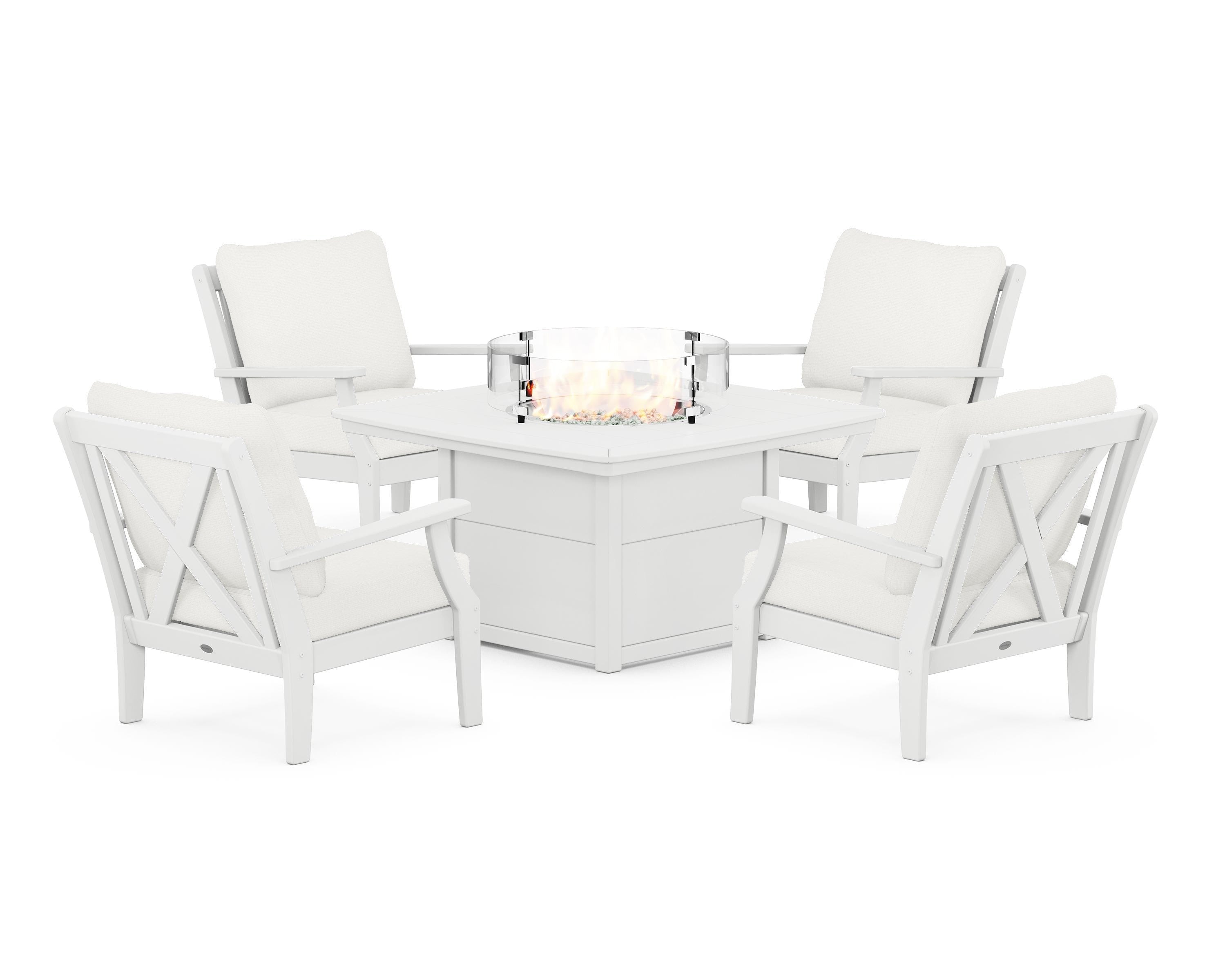 POLYWOOD® Braxton 5-Piece Deep Seating Conversation Set with Fire Pit Table in White / Natural Linen