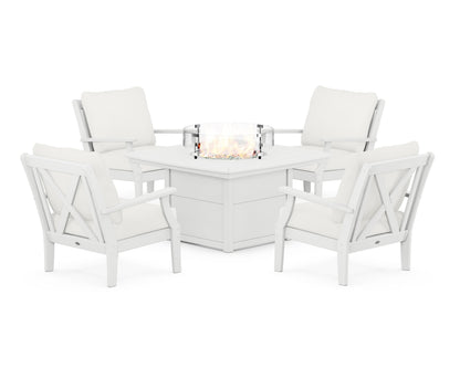 POLYWOOD® Braxton 5-Piece Deep Seating Conversation Set with Fire Pit Table in White / Natural Linen