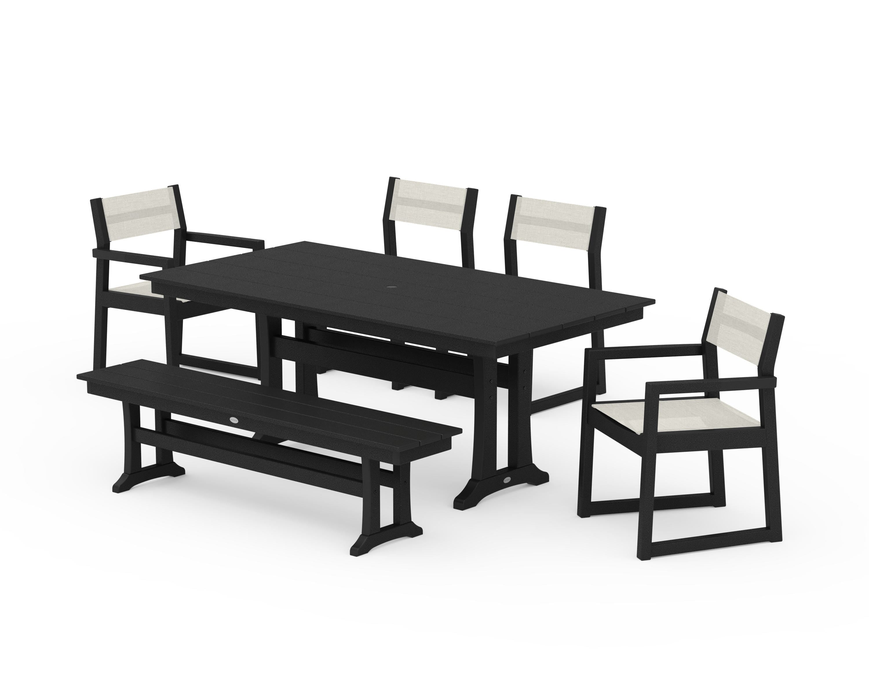 POLYWOOD® EDGE Sling 6-Piece Farmhouse Dining Set With Trestle Legs in Black / Parchment Sling