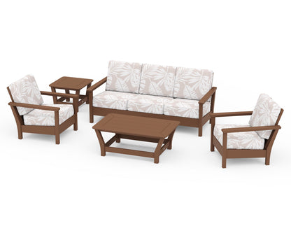 POLYWOOD® Harbour 5-Piece Deep Seating Set in Teak / Leaf Dune Burlap