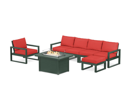 POLYWOOD® EDGE Sectional Lounge and Fire Pit Set in Green / Crimson Linen