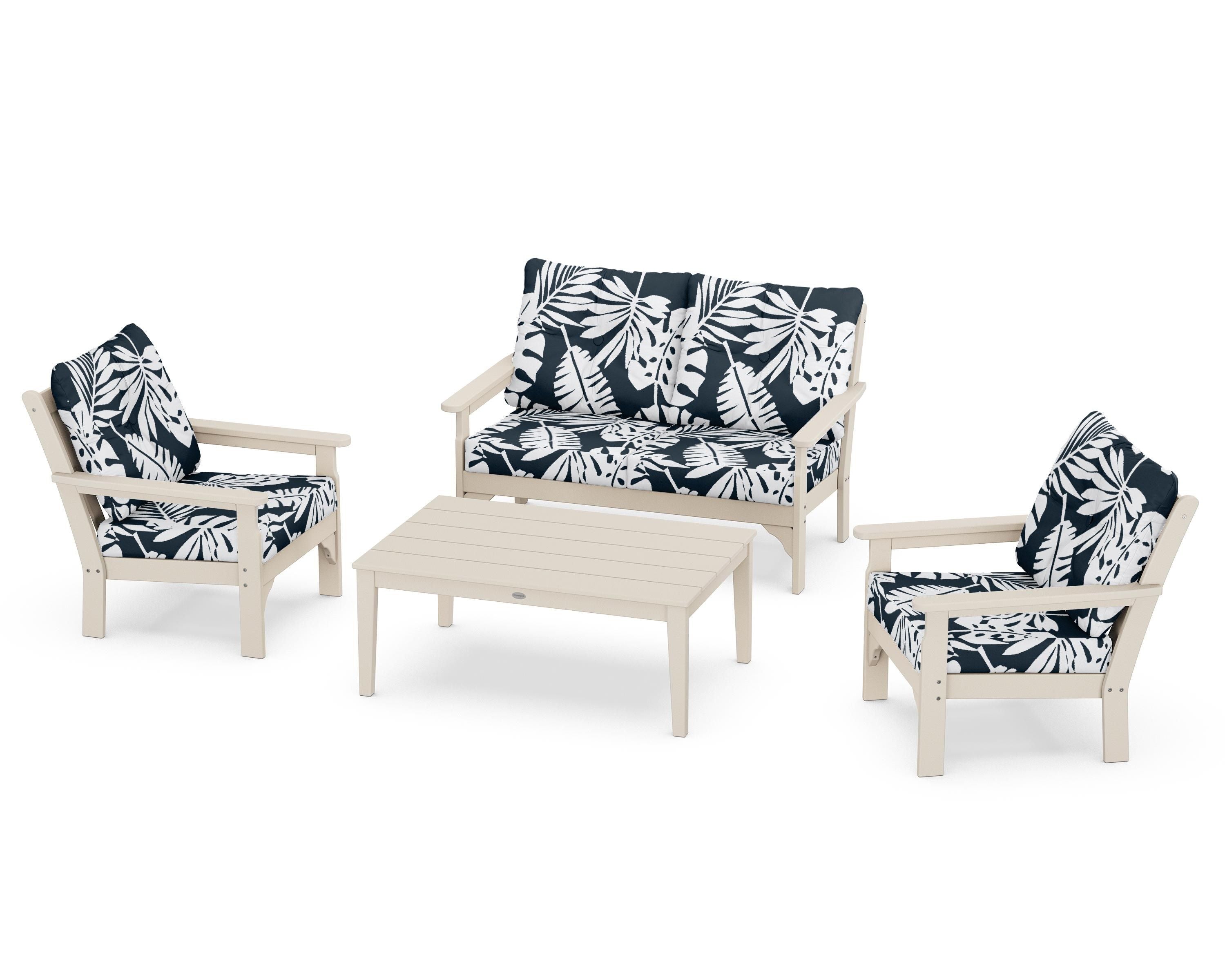 POLYWOOD® Vineyard 4-Piece Deep Seating Set in Sand / Leaf Marine Indigo