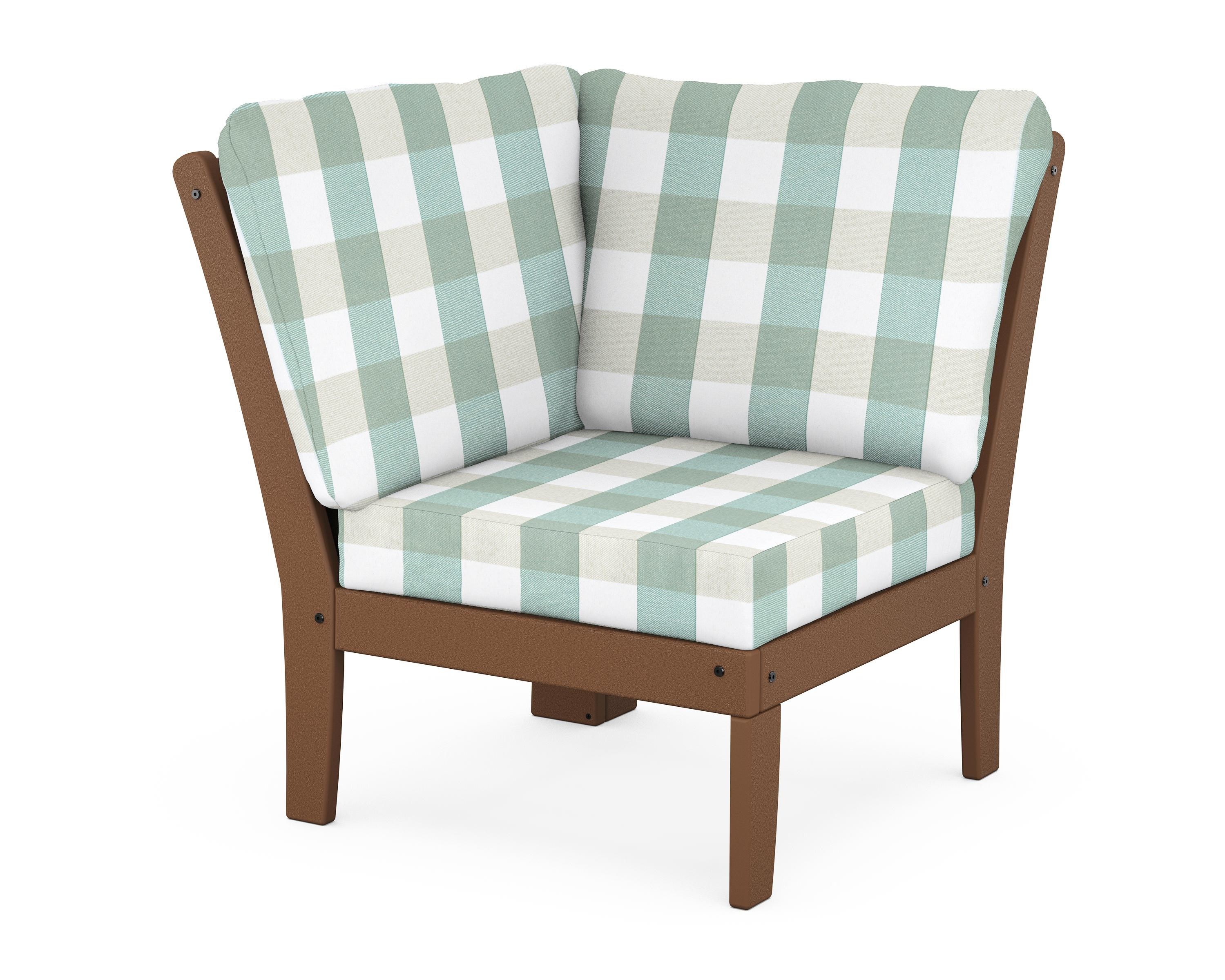 POLYWOOD® Braxton Modular Corner Chair in Teak / Buffalo Plaid Glacier Spa