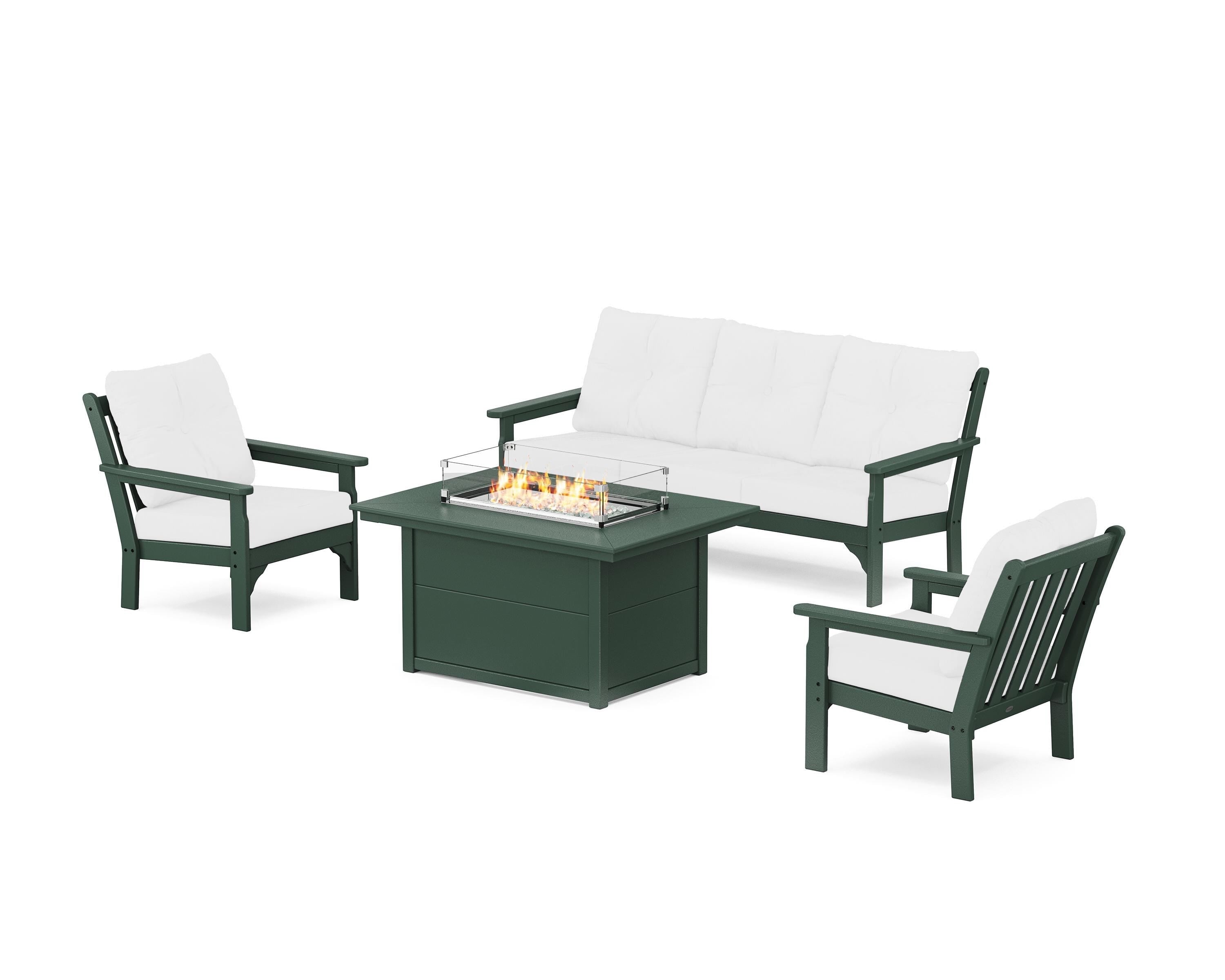 POLYWOOD® Vineyard Deep Seating Fire Pit Table Set in Green / Natural