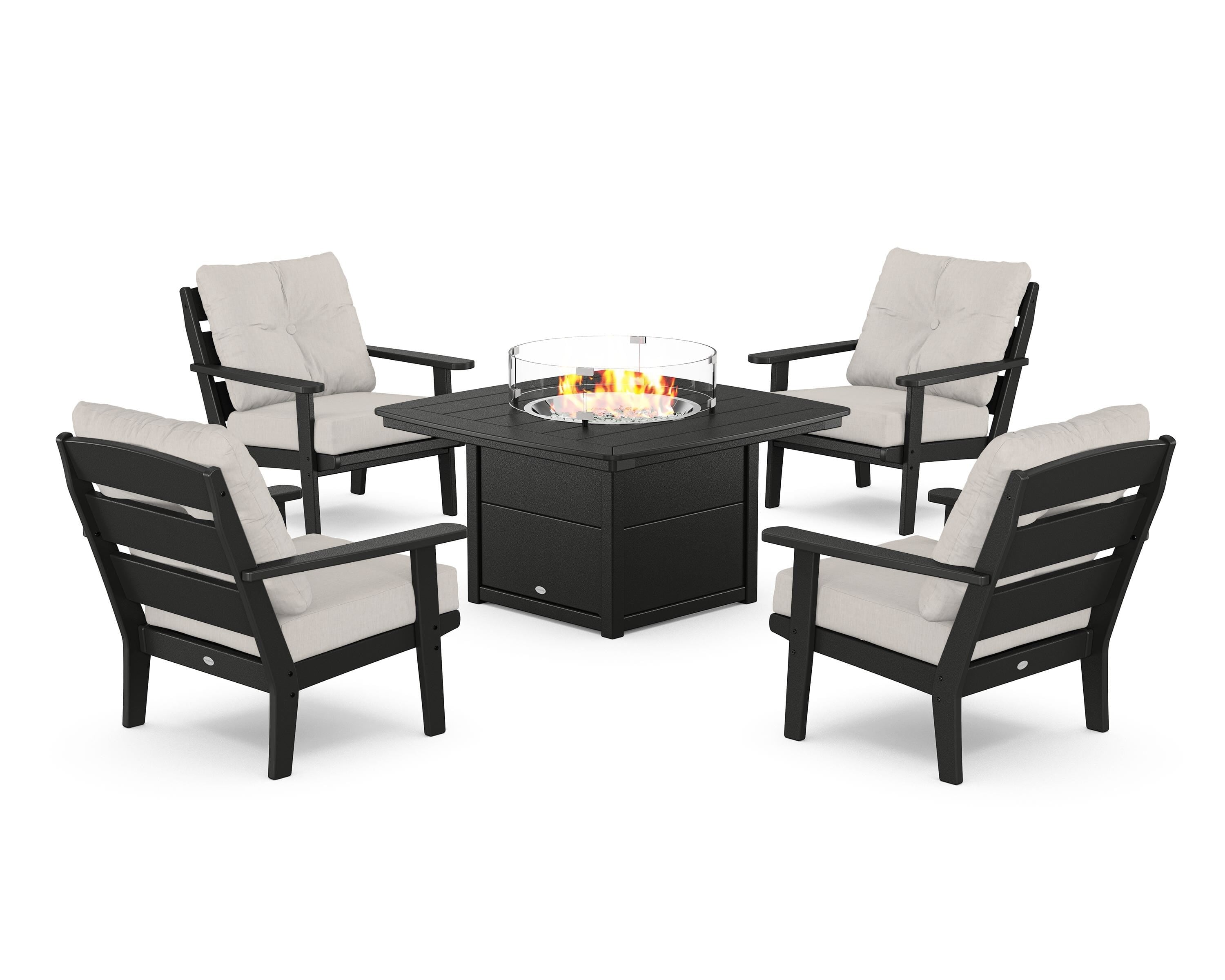 POLYWOOD® Lakeside 5-Piece Deep Seating Set with Nautical Fire Pit Table in Black / Cast Ash
