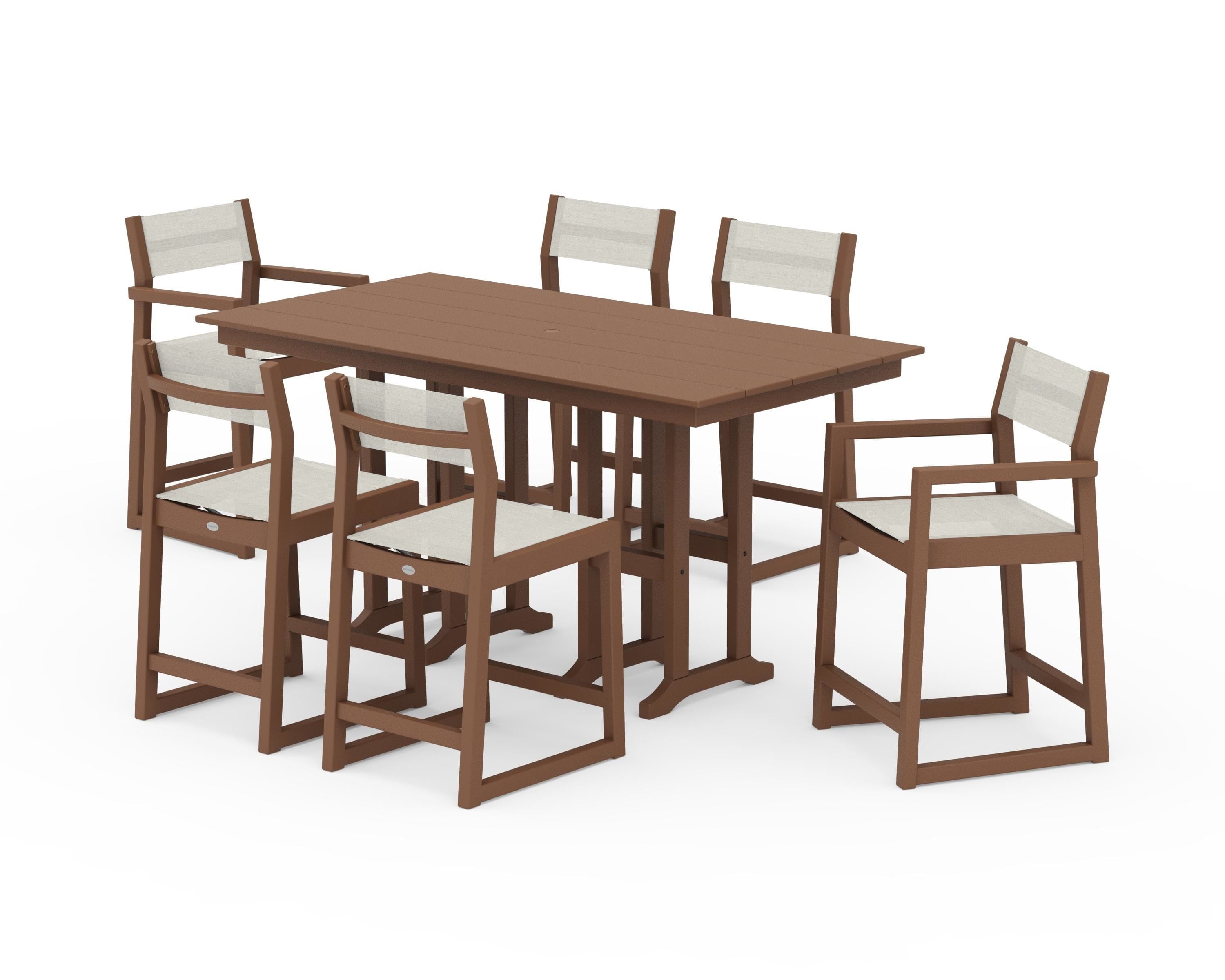 POLYWOOD® EDGE Sling 7-Piece Farmhouse Counter Set with Trestle Legs in Teak / Parchment Sling