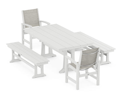 POLYWOOD® Coastal 5-Piece Farmhouse Dining Set with Trestle Legs and Benches in White / Birch Sling