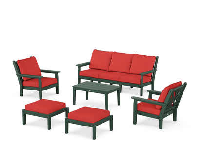 POLYWOOD® Chippendale 6-Piece Lounge Sofa Set in Green / Crimson Linen
