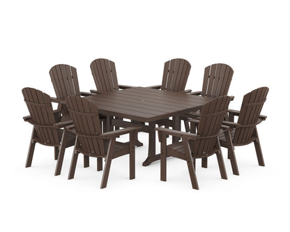 POLYWOOD® Nautical Curveback Adirondack 9-Piece Square Dining Set with Trestle Legs in Mahogany
