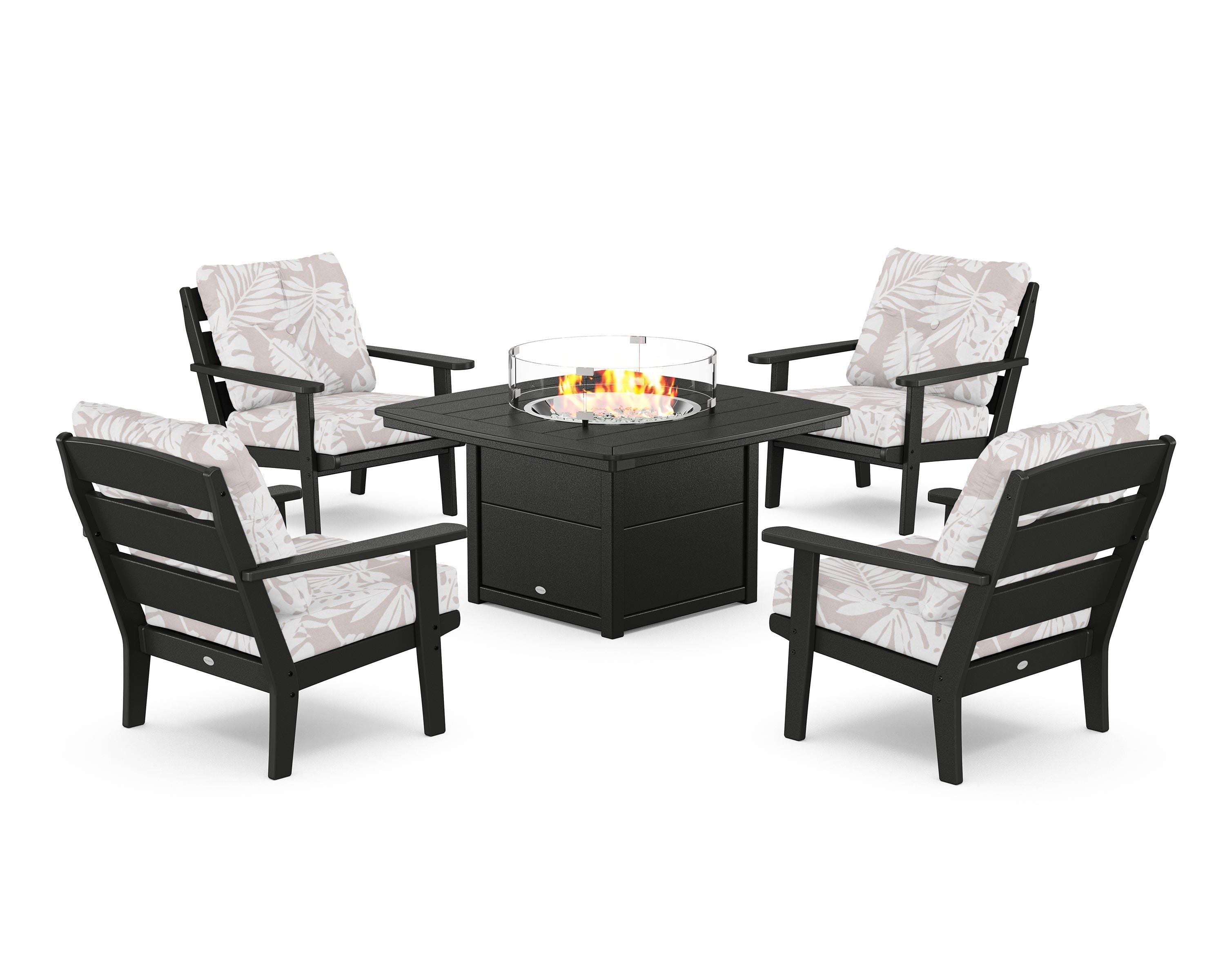 POLYWOOD® Lakeside 5-Piece Deep Seating Set with Nautical Fire Pit Table in Black / Leaf Dune Burlap