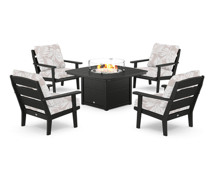 POLYWOOD® Lakeside 5-Piece Deep Seating Set with Nautical Fire Pit Table in Black / Leaf Dune Burlap