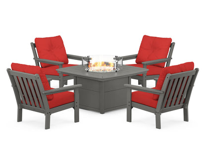 POLYWOOD® Vineyard 5-Piece Conversation Set with Fire Pit Table in Slate Grey / Crimson Linen