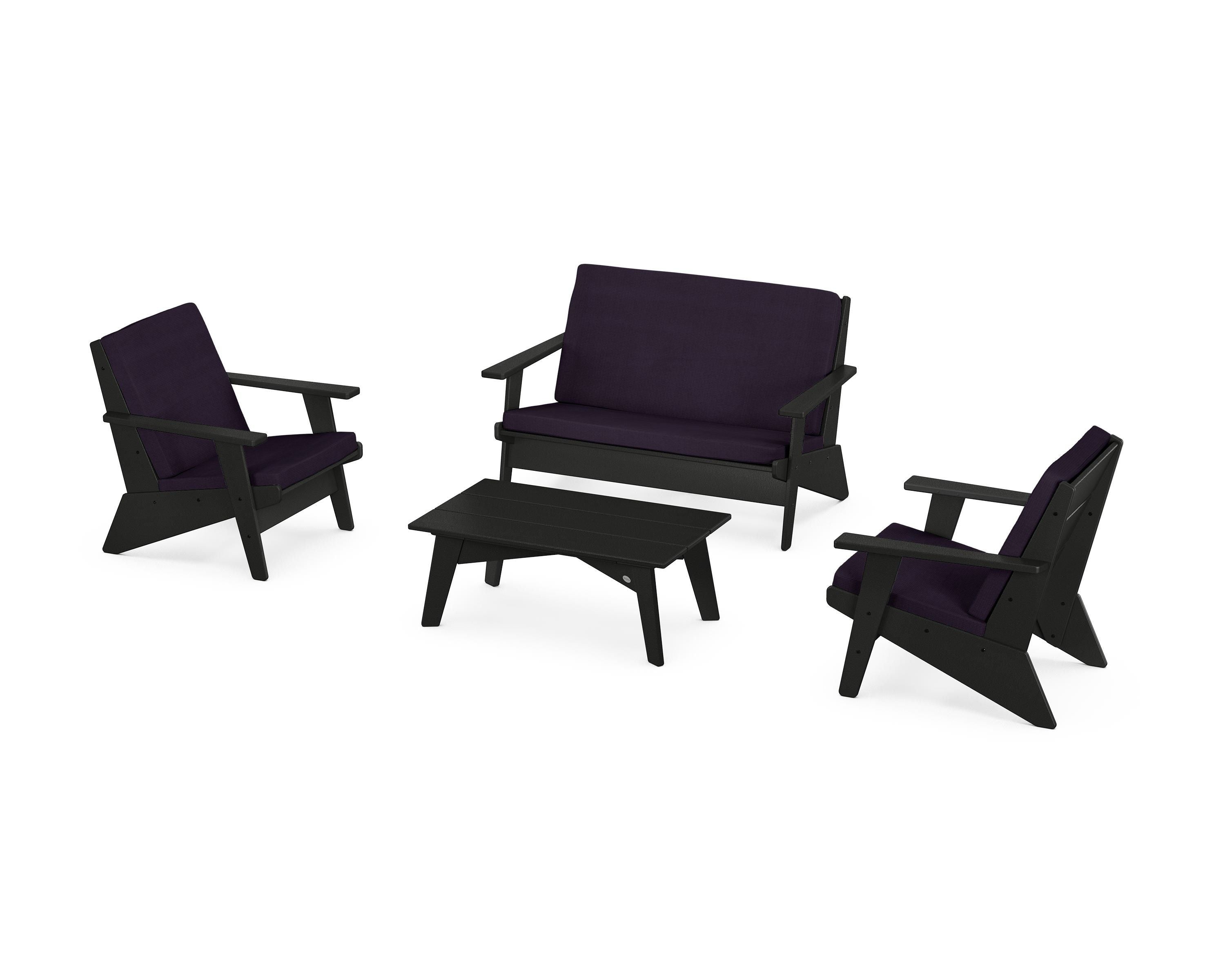 POLYWOOD® Riviera Modern Lounge 4-Piece Set in Black / Navy Linen