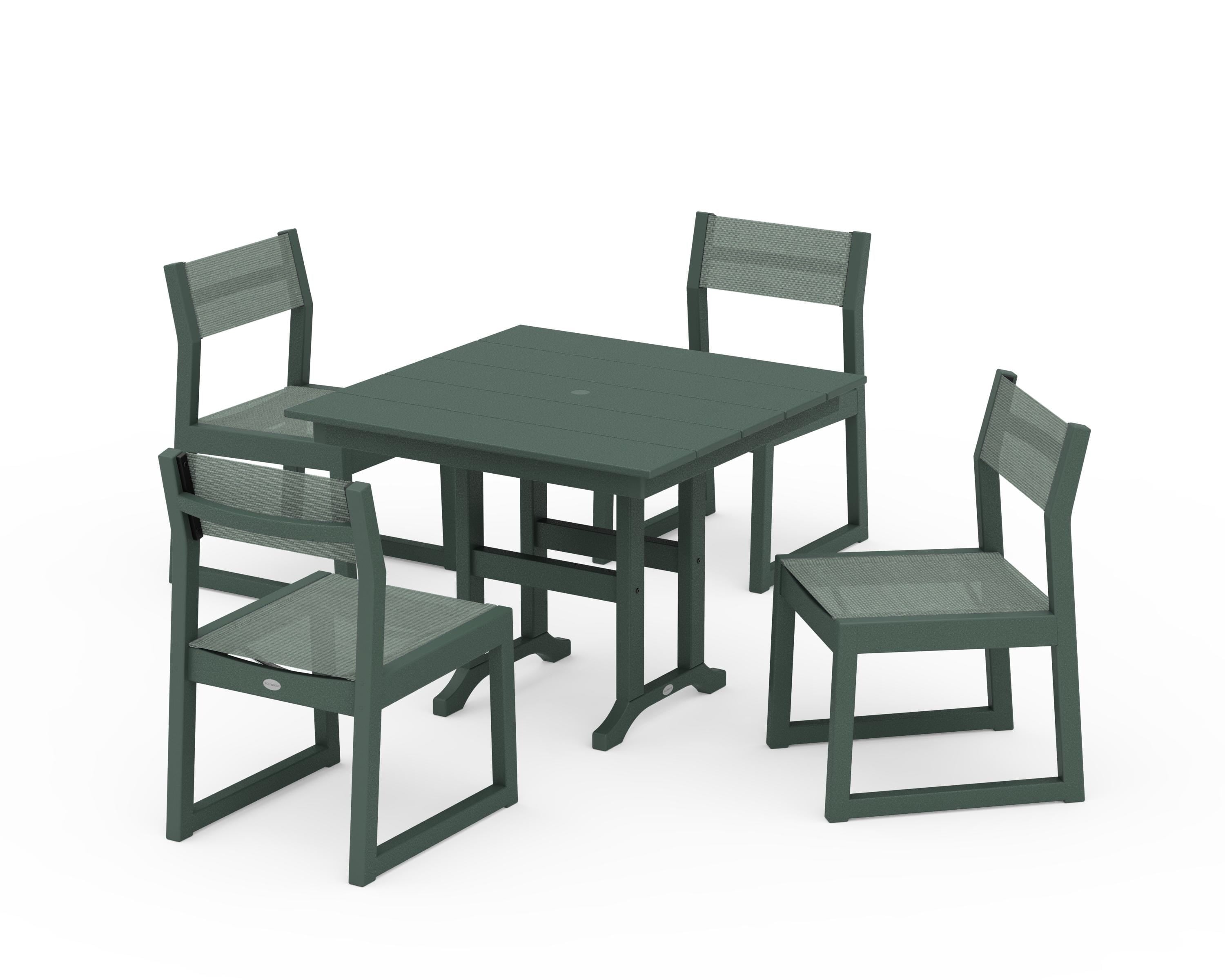 POLYWOOD® EDGE Sling Side Chair 5-Piece Farmhouse Dining Set in Green / Dupioni Sea Mist Sling