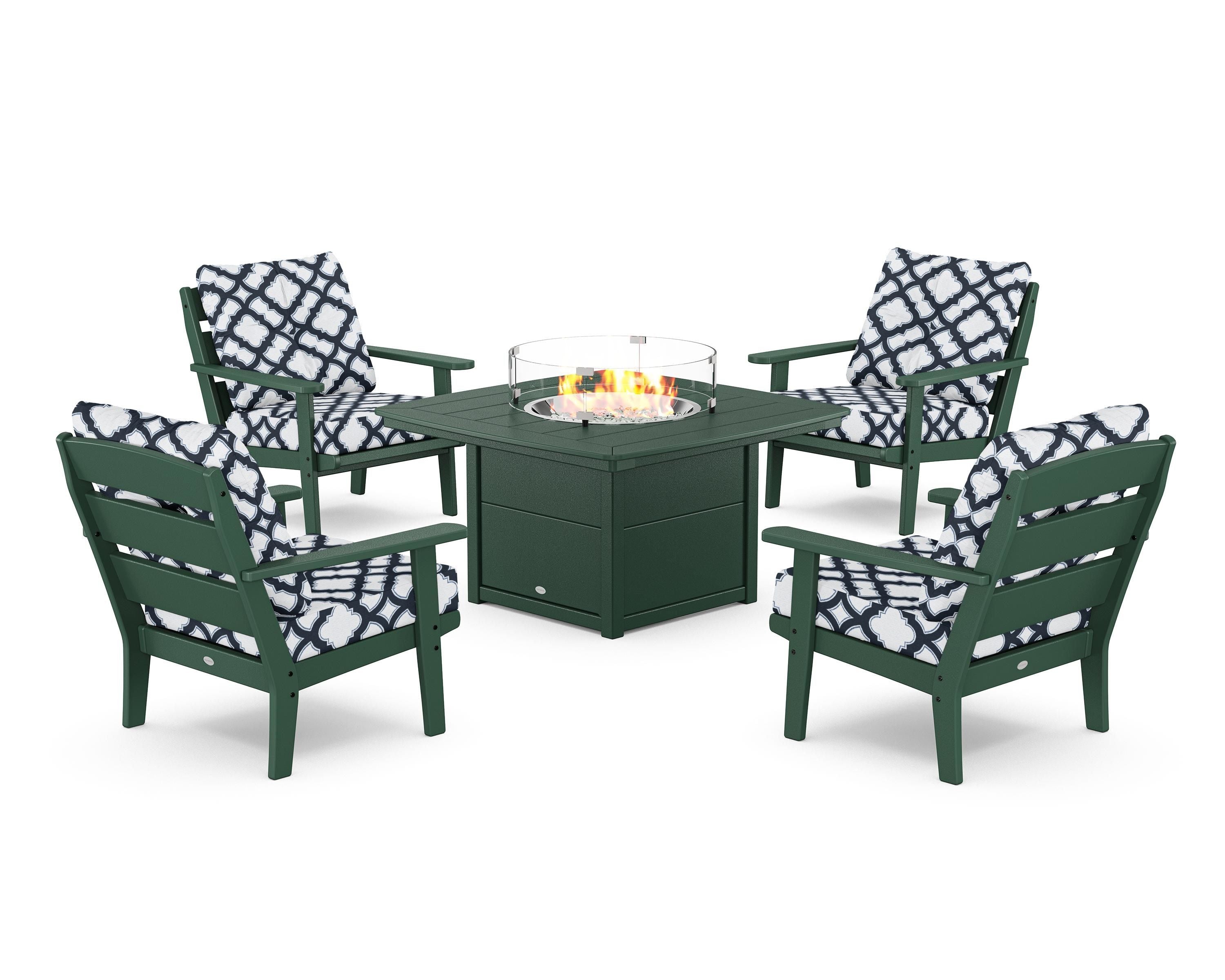POLYWOOD® Lakeside 5-Piece Deep Seating Set with Nautical Fire Pit Table in Green / Trellis Marine Indigo