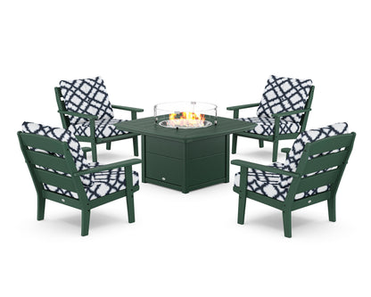POLYWOOD® Lakeside 5-Piece Deep Seating Set with Nautical Fire Pit Table in Green / Trellis Marine Indigo