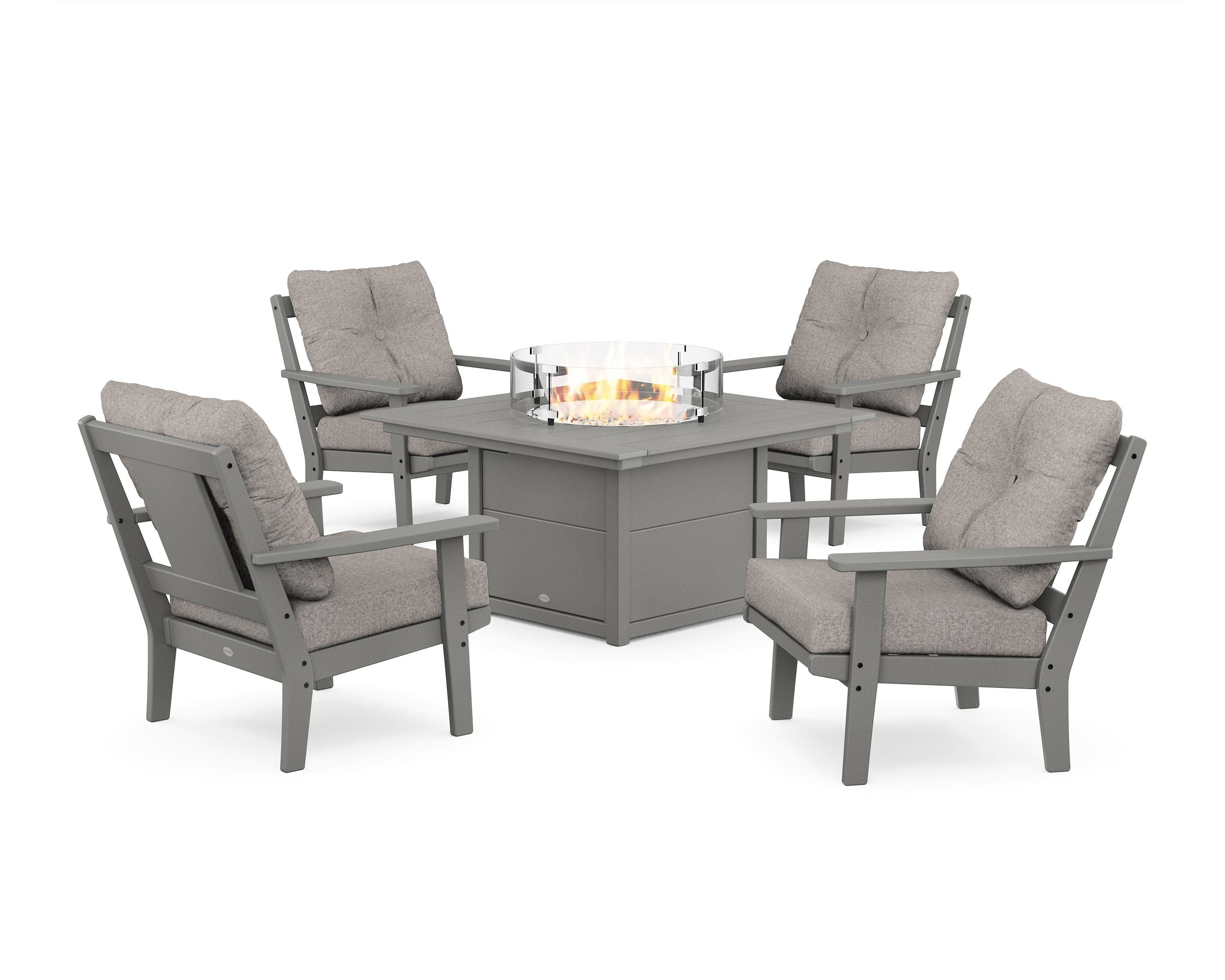 POLYWOOD® Prairie 5-Piece Deep Seating Set with Fire Pit Table in Slate Grey / Weathered Tweed