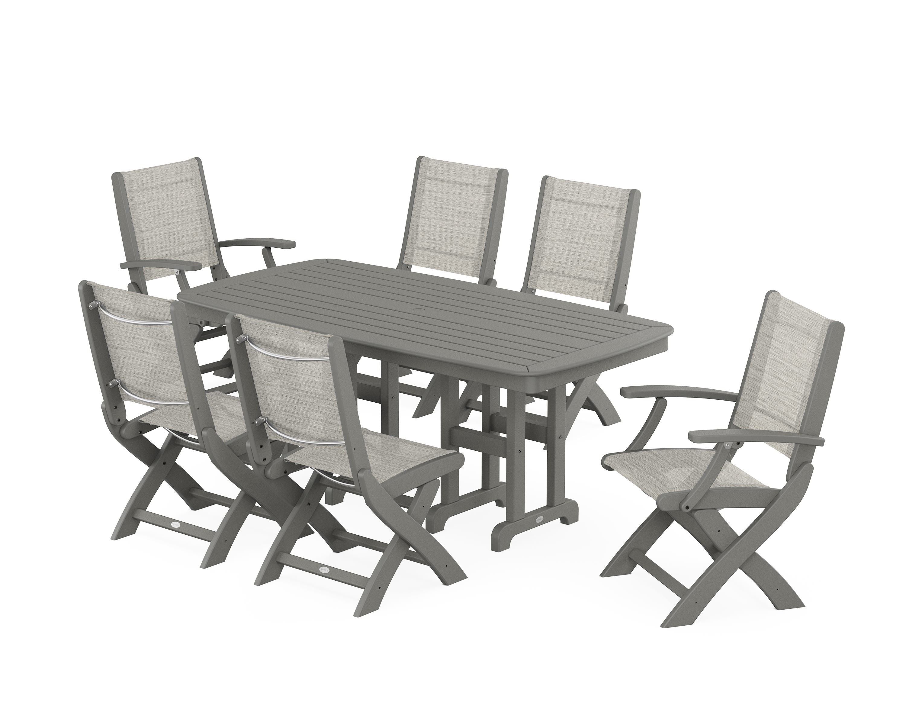 POLYWOOD® Coastal Folding Chair 7-Piece Dining Set in Slate Grey / Birch Sling
