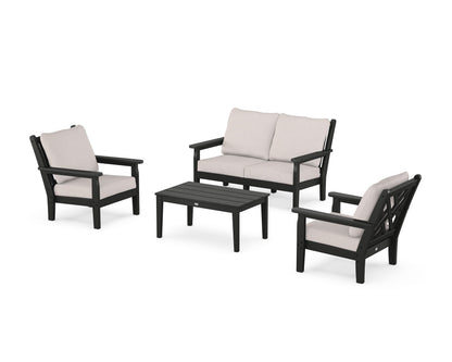 POLYWOOD® Chippendale 4-Piece Deep Seating Set with Loveseat in Black / Dune Burlap