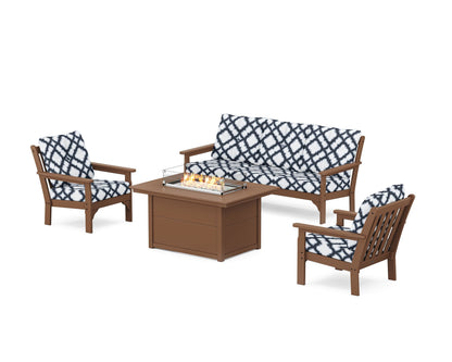 POLYWOOD® Vineyard Deep Seating Fire Pit Table Set in Teak / Trellis Marine Indigo