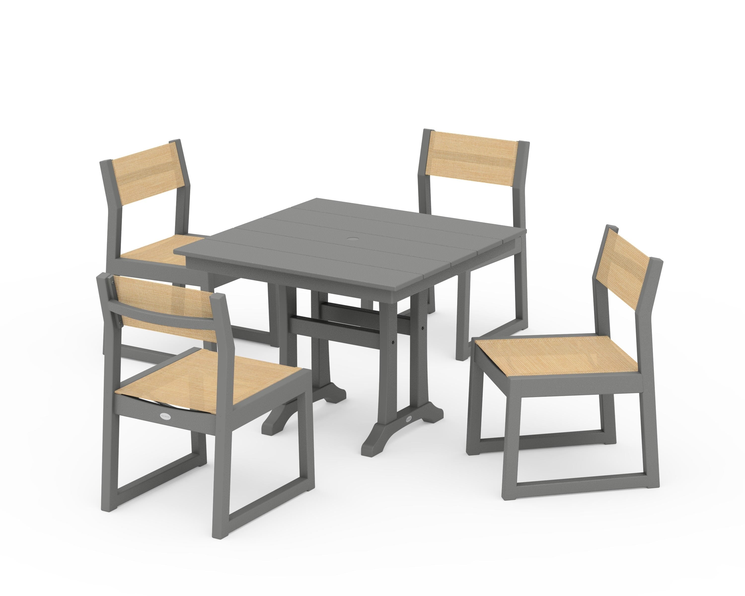 POLYWOOD® EDGE Sling 5-Piece Farmhouse Trestle Side Chair Dining Set in Slate Grey / Dupioni Apricot Sling