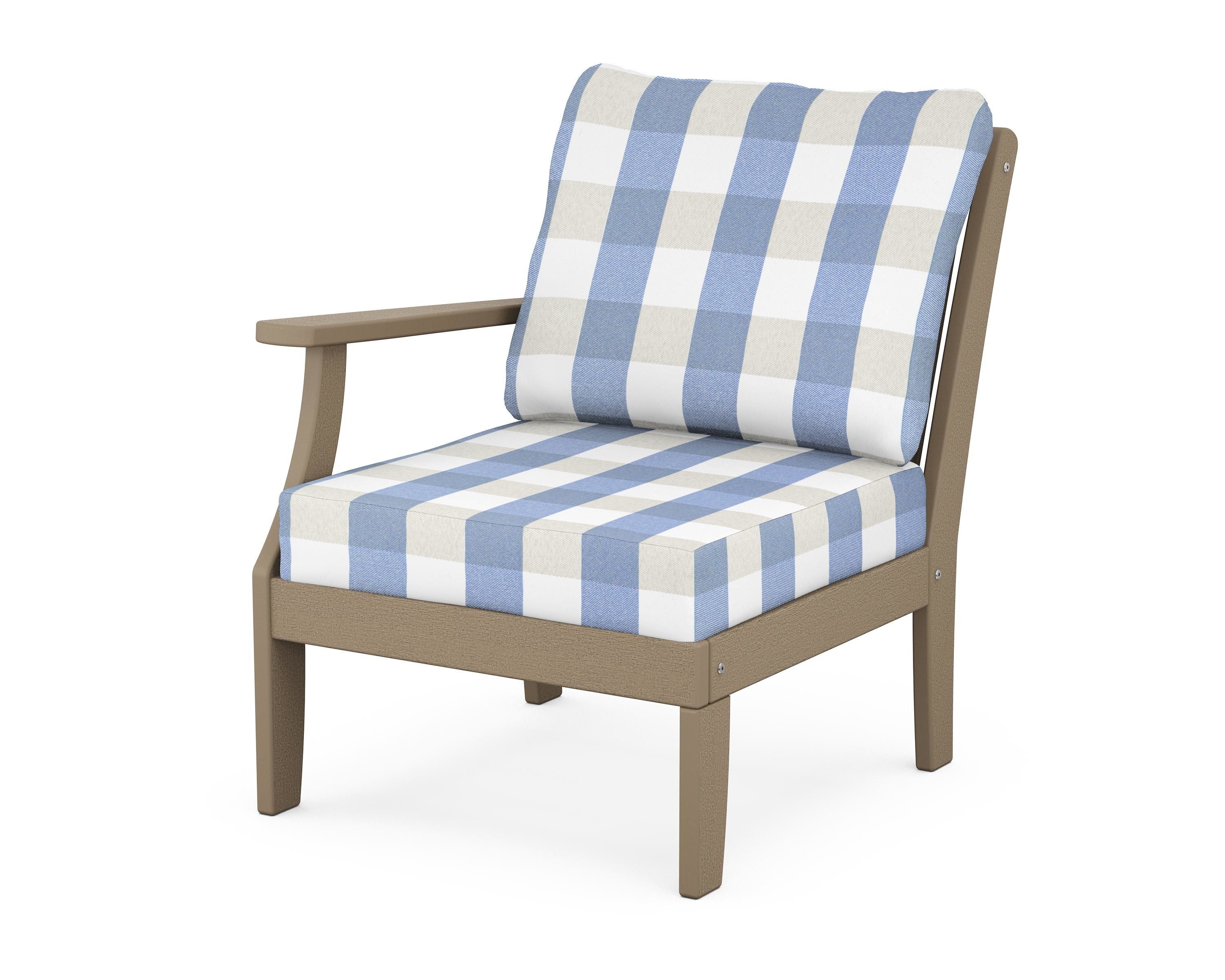 POLYWOOD® Braxton Modular Left Arm Chair in Vintage Sahara / Buffalo Plaid Sky Blue