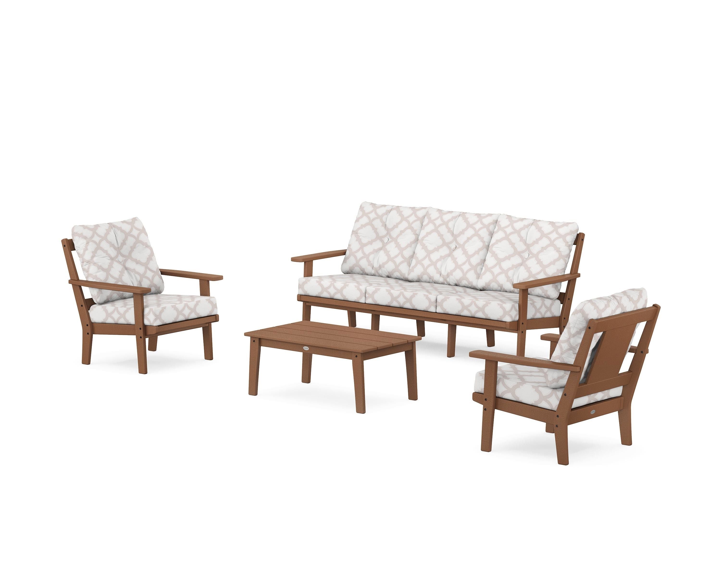 POLYWOOD® Prairie 4-Piece Deep Seating Set with Sofa in Teak / Trellis Dune Burlap