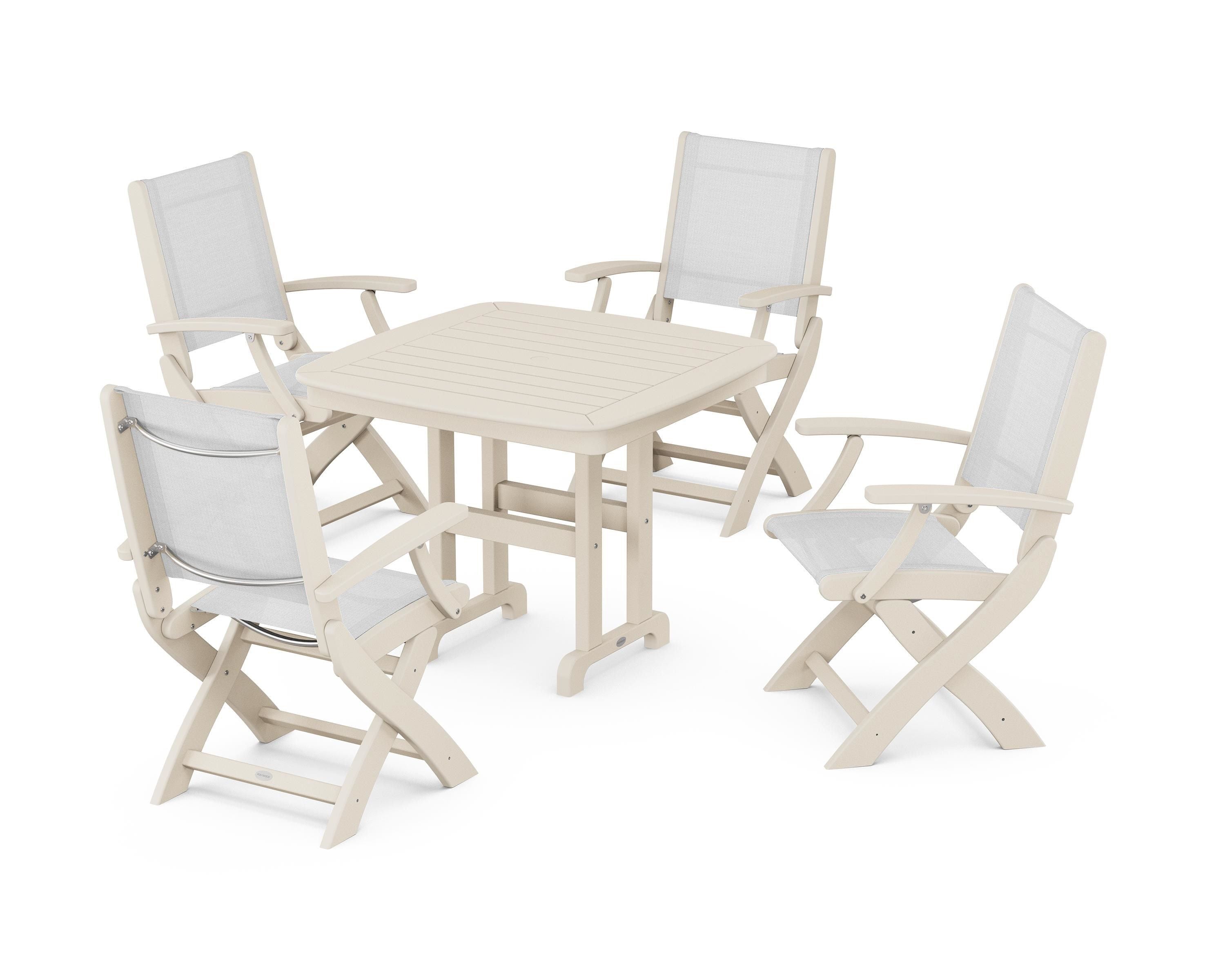POLYWOOD® Coastal Folding Chair 5-Piece Dining Set in Sand / White Sling