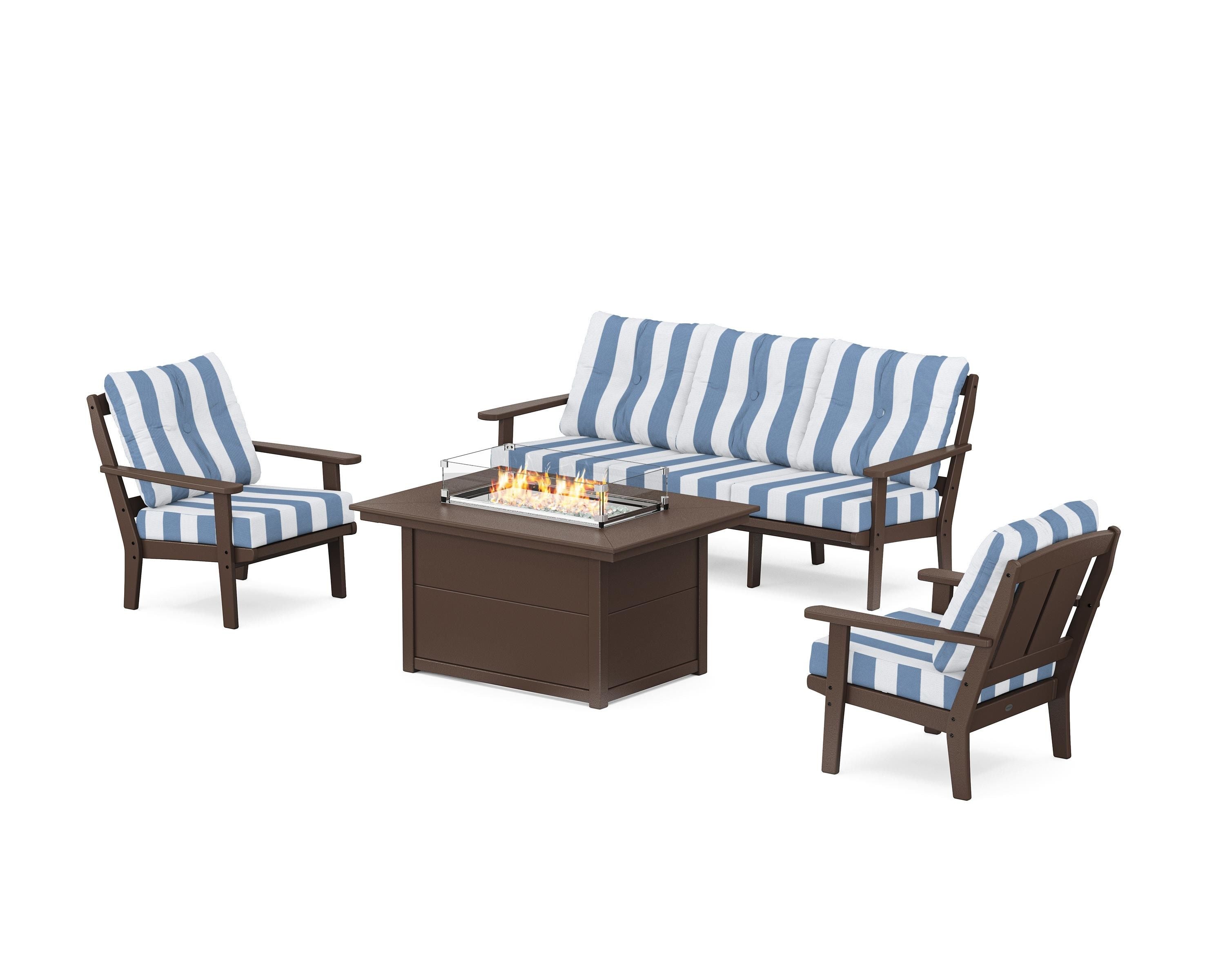 POLYWOOD® Mission Deep Seating Fire Pit Table Set in Mahogany / Cabana Stripe Sky Blue