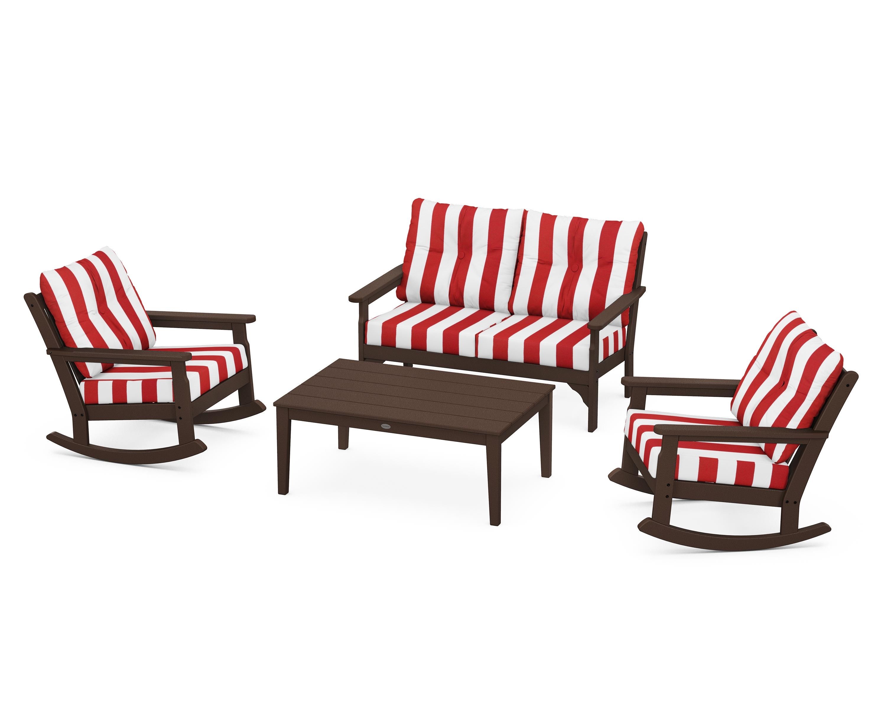 POLYWOOD® Vineyard 4-Piece Deep Seating Rocking Chair Set in Mahogany / Cabana Stripe Crimson