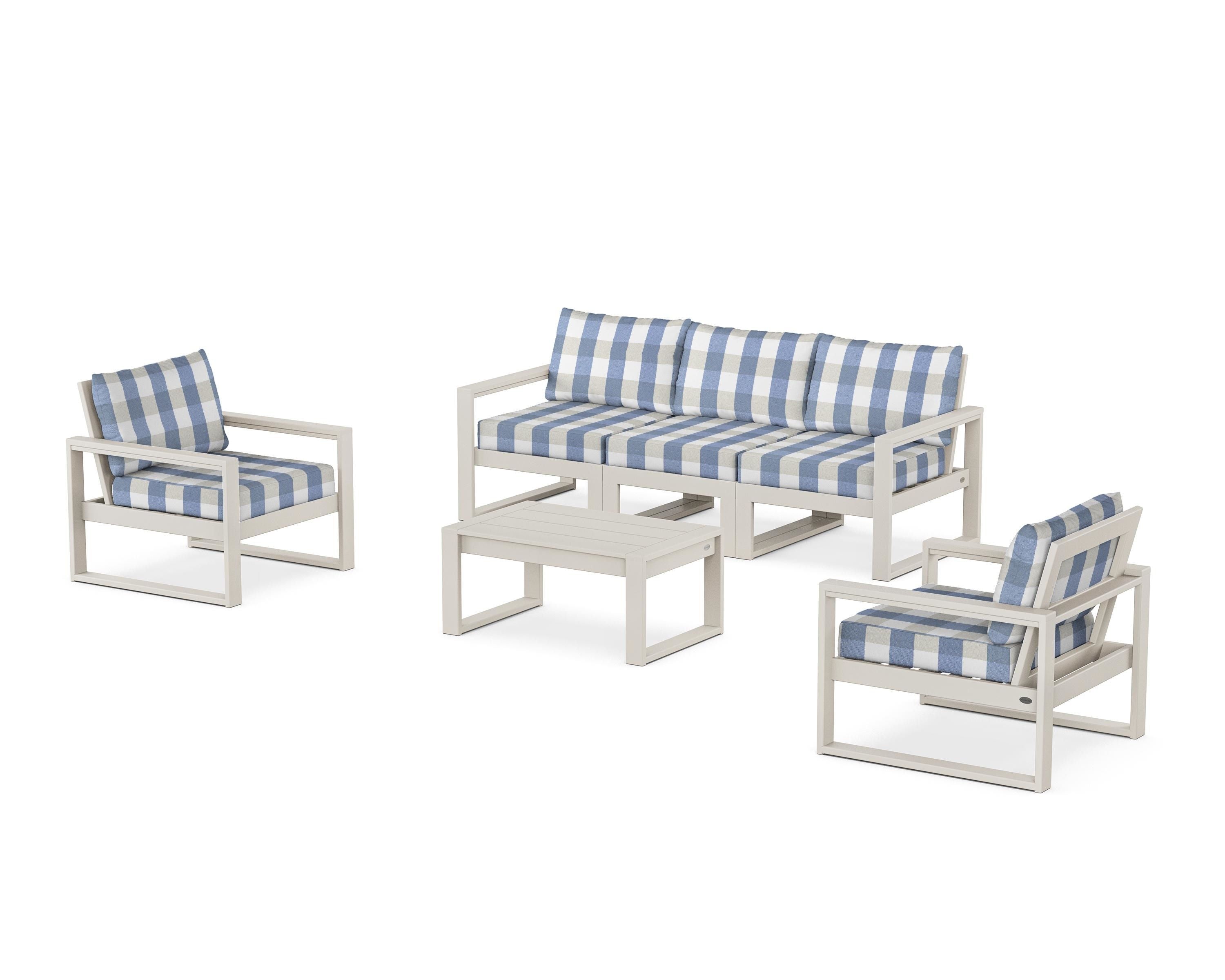 POLYWOOD® EDGE Sectional 4-Piece Deep Seating Set with Sofa in Sand / Buffalo Plaid Sky Blue