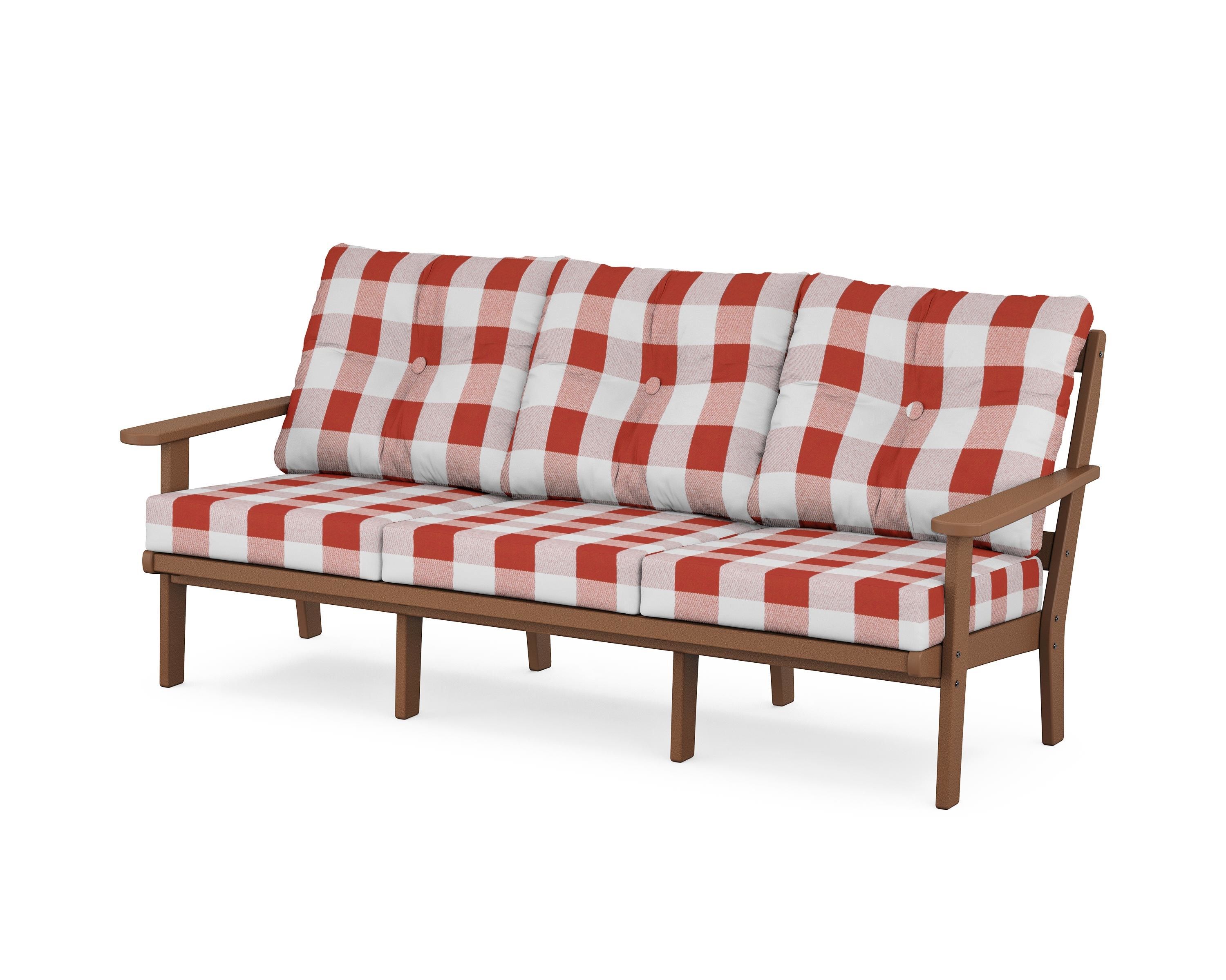 POLYWOOD® Mission Deep Seating Sofa in Teak / Buffalo Plaid Crimson