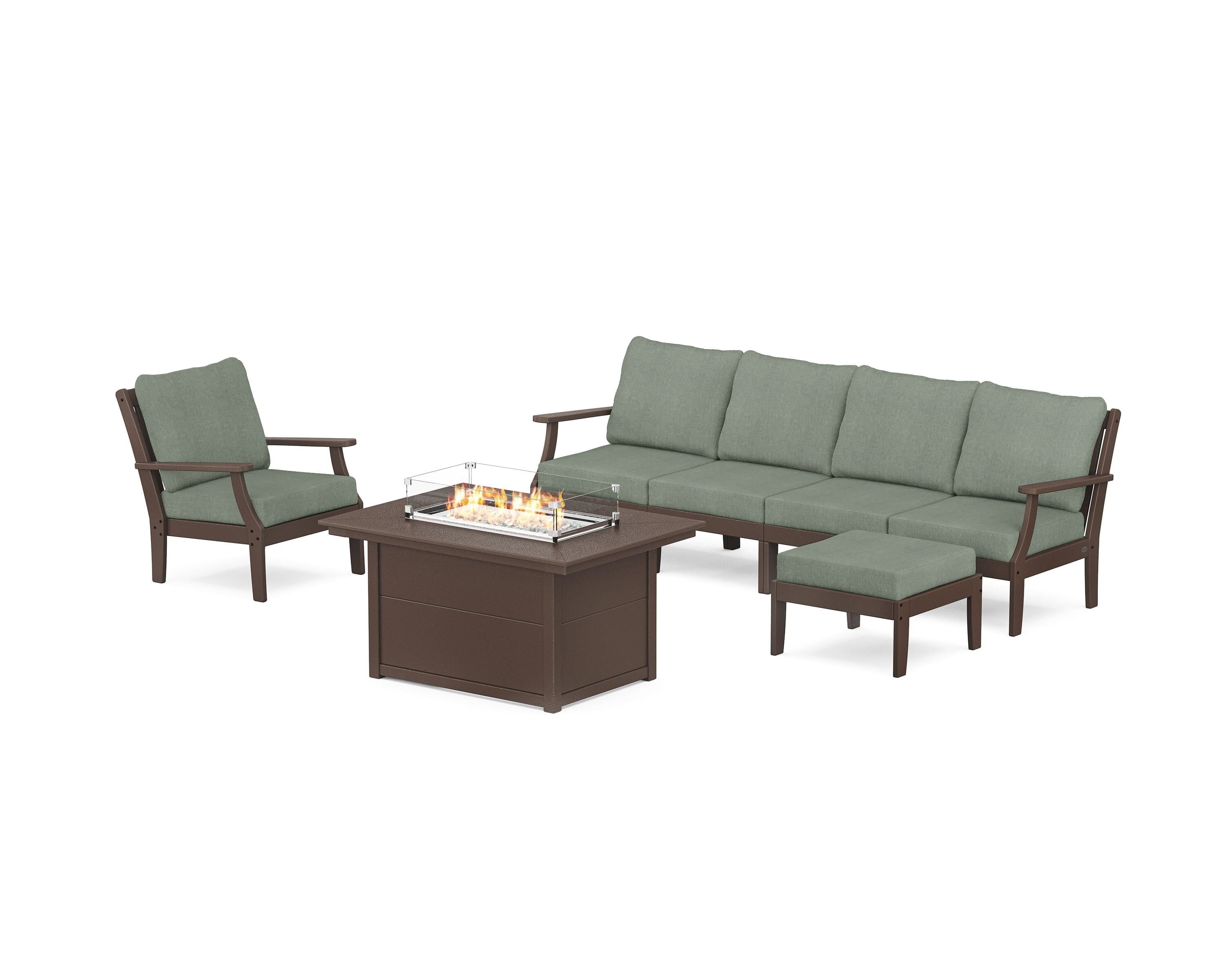 POLYWOOD® Braxton Sectional Lounge and Fire Pit Set in Mahogany / Cast Sage