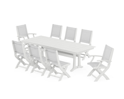 POLYWOOD® Coastal 9-Piece Folding Dining Chair Farmhouse Dining Set with Trestle Legs in White / White Sling