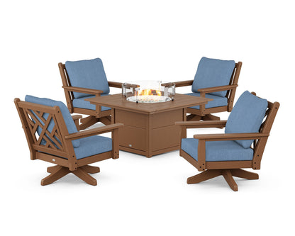 POLYWOOD® Chippendale 5-Piece Deep Seating Swivel Conversation Set with Fire Pit Table in Teak / Sky Blue