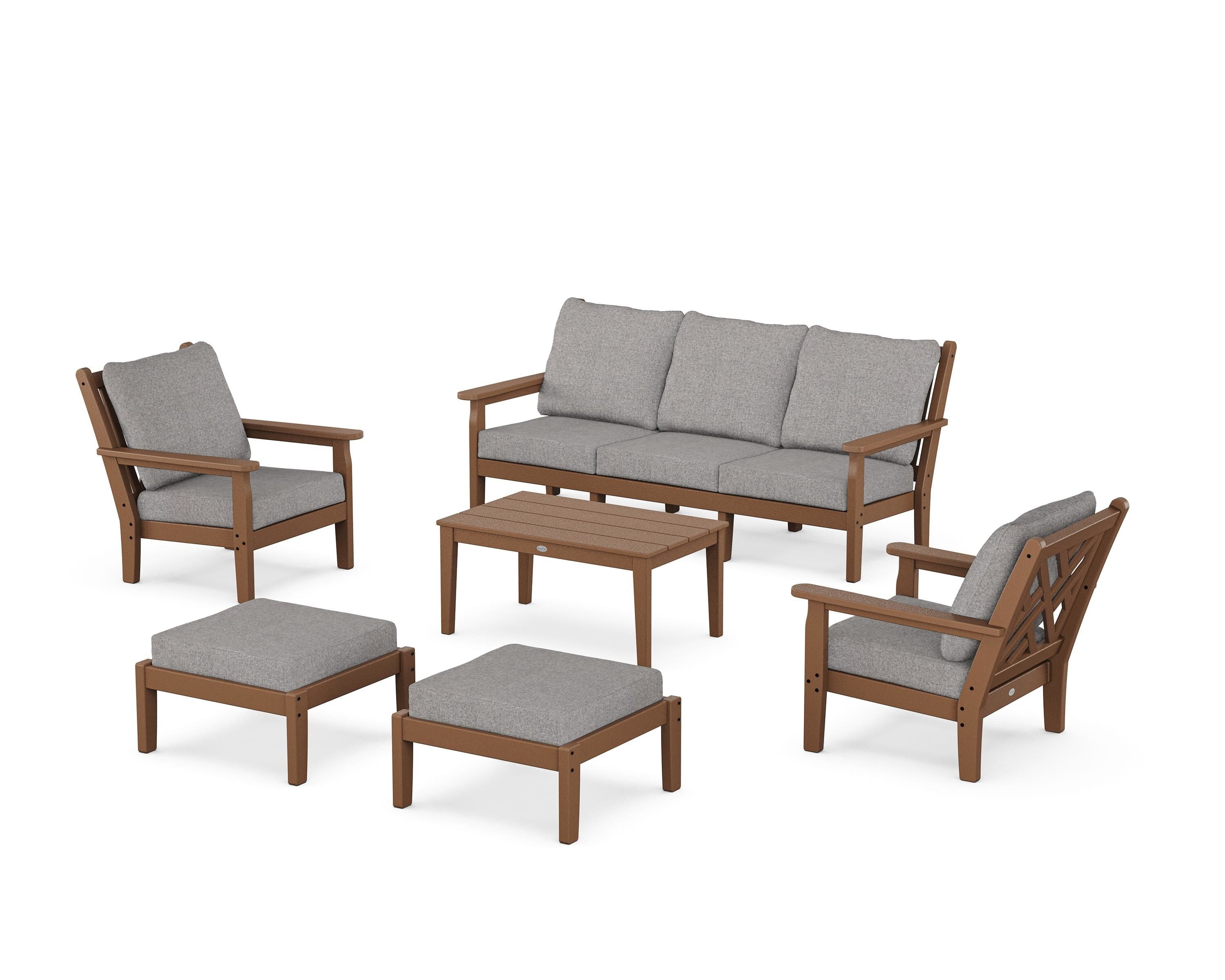 POLYWOOD® Chippendale 6-Piece Lounge Sofa Set in Teak / Grey Mist