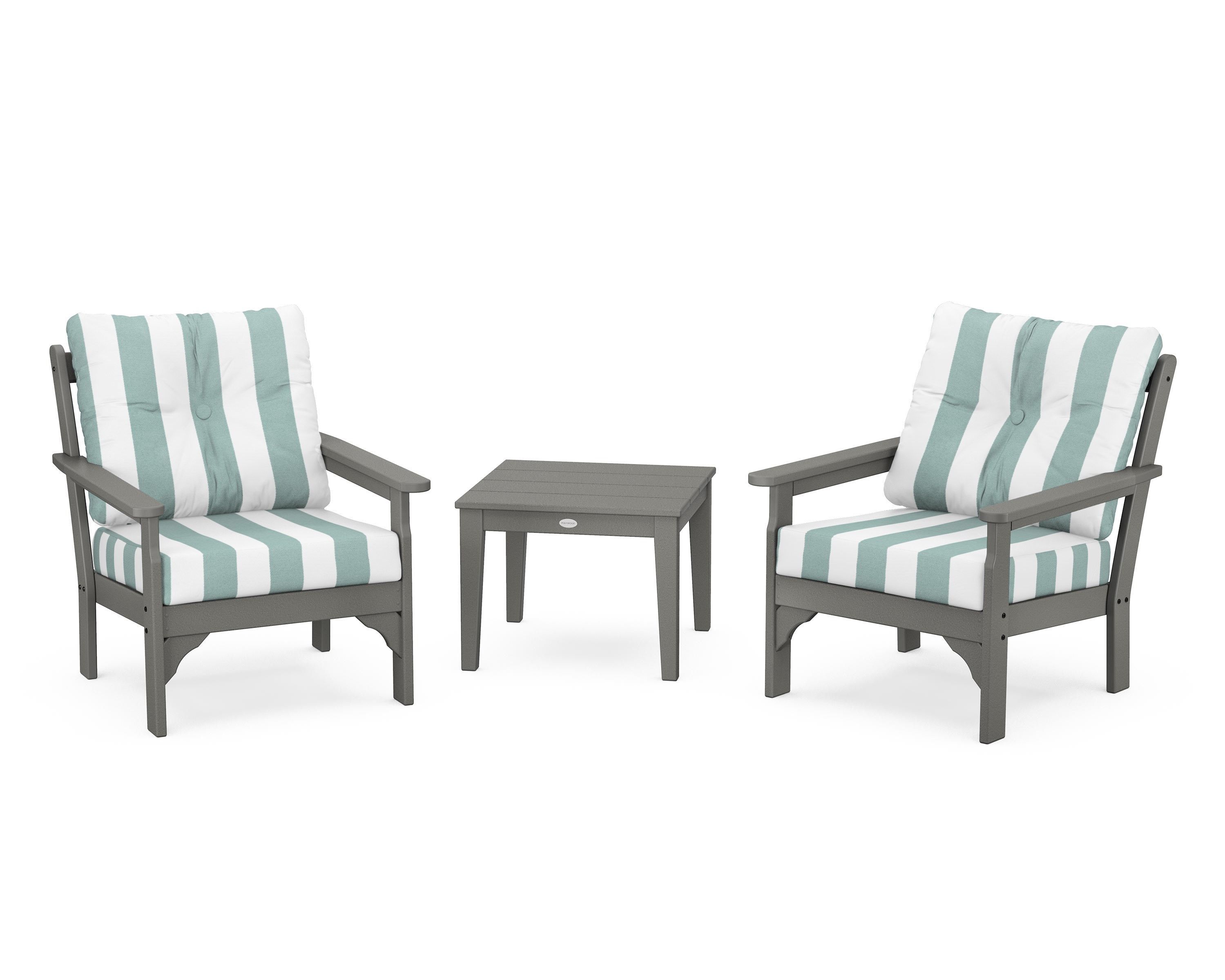POLYWOOD® Vineyard 3-Piece Deep Seating Set in Slate Grey / Cabana Stripe Glacier Spa