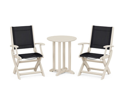 POLYWOOD® Coastal Folding 3-Piece Round Bistro Dining Set in Sand / Black Sling